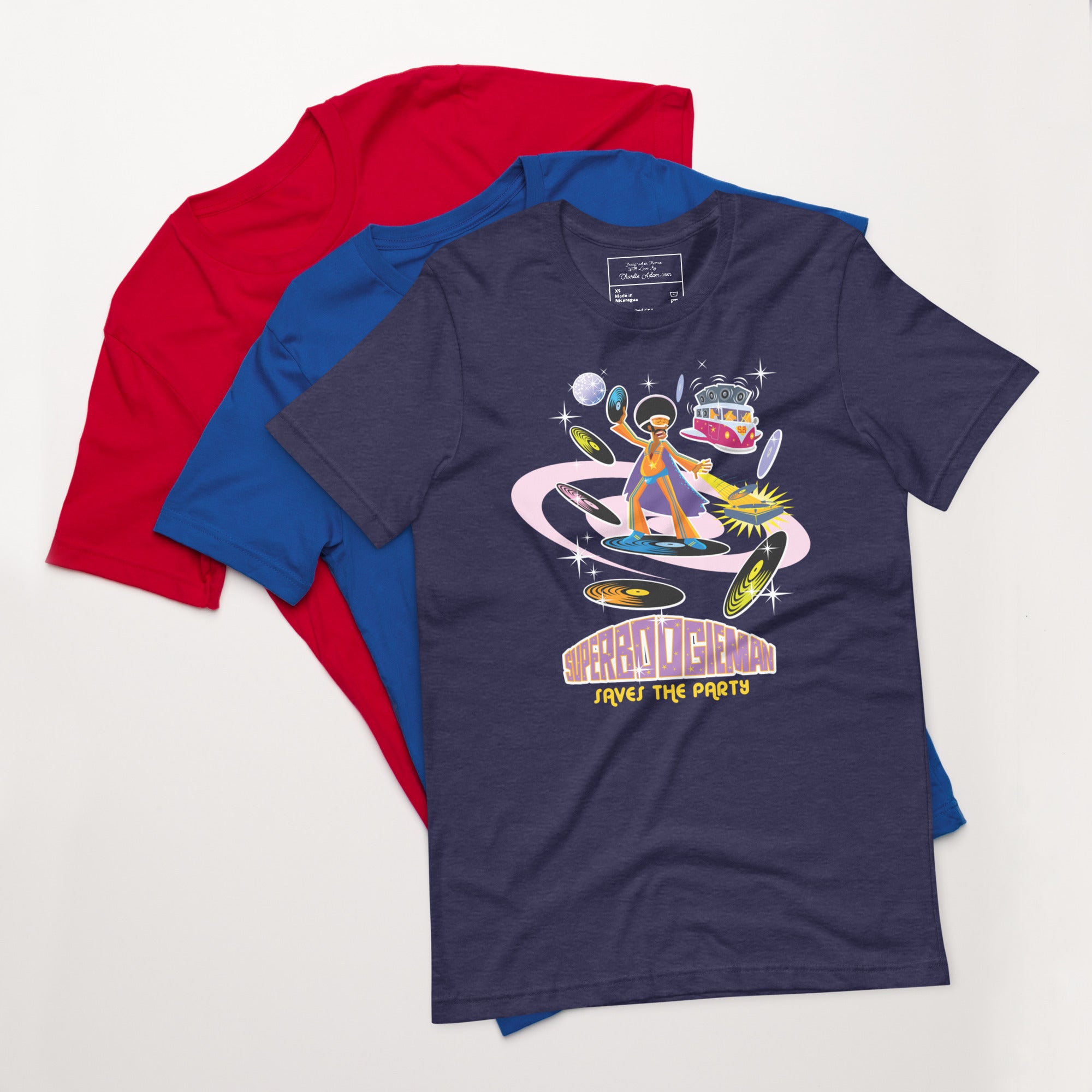 T-shirt en coton unisexe Superboogieman saves the party sur couleurs chinées foncées