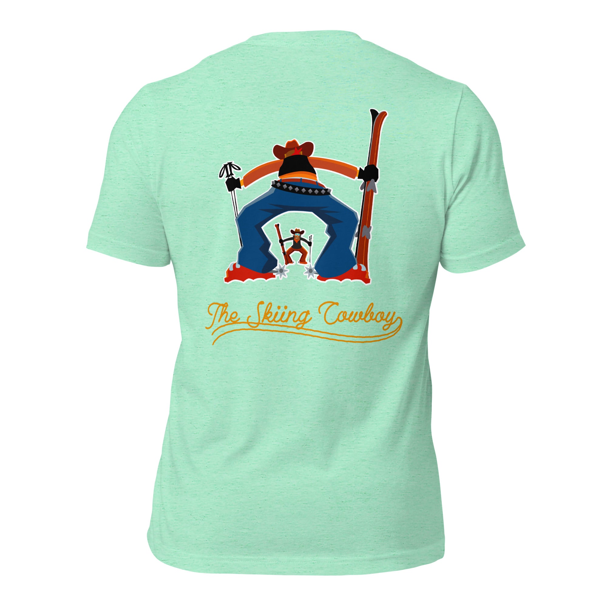 Unisex t-shirt Skiing Cowboy (front) & Ski Fight at OK Corral Outline (back) on light heather colors