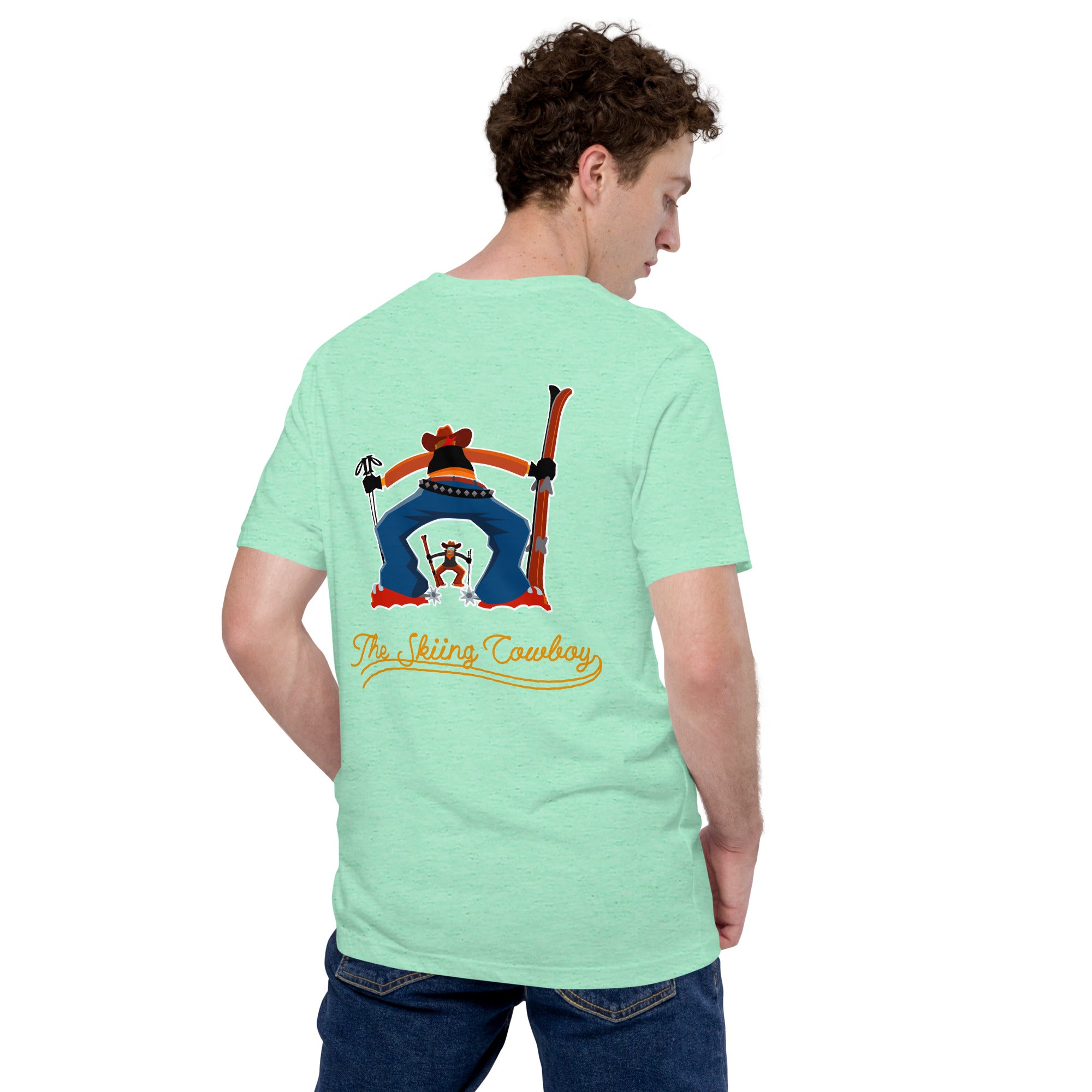 Unisex t-shirt Skiing Cowboy (front) & Ski Fight at OK Corral Outline (back) on light heather colors