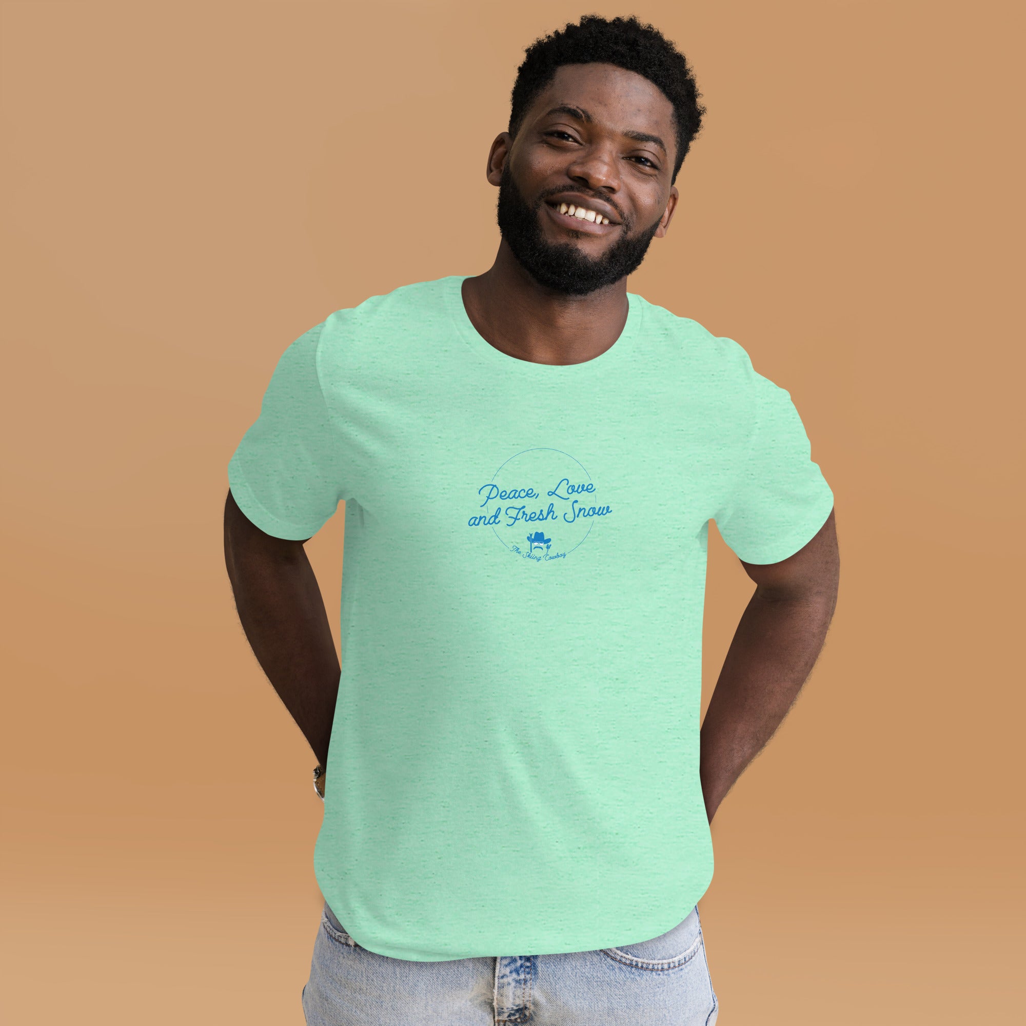 T-shirt en coton unisexe Peace, Love and Fresh Snow sur couleurs chinées claires