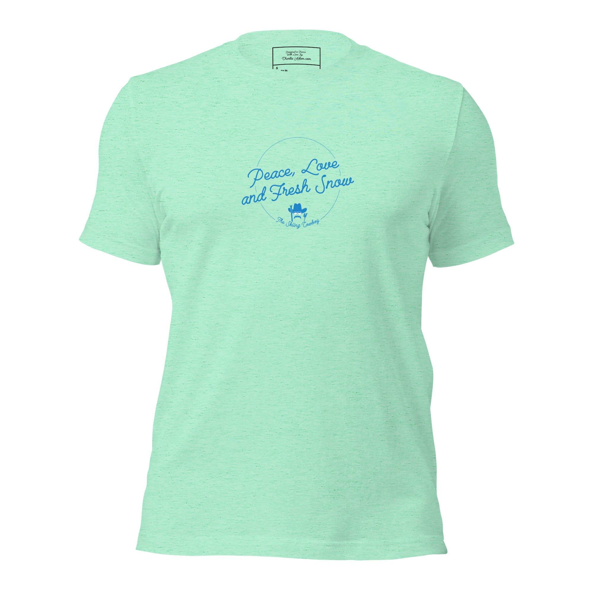 T-shirt en coton unisexe Peace, Love and Fresh Snow sur couleurs chinées claires