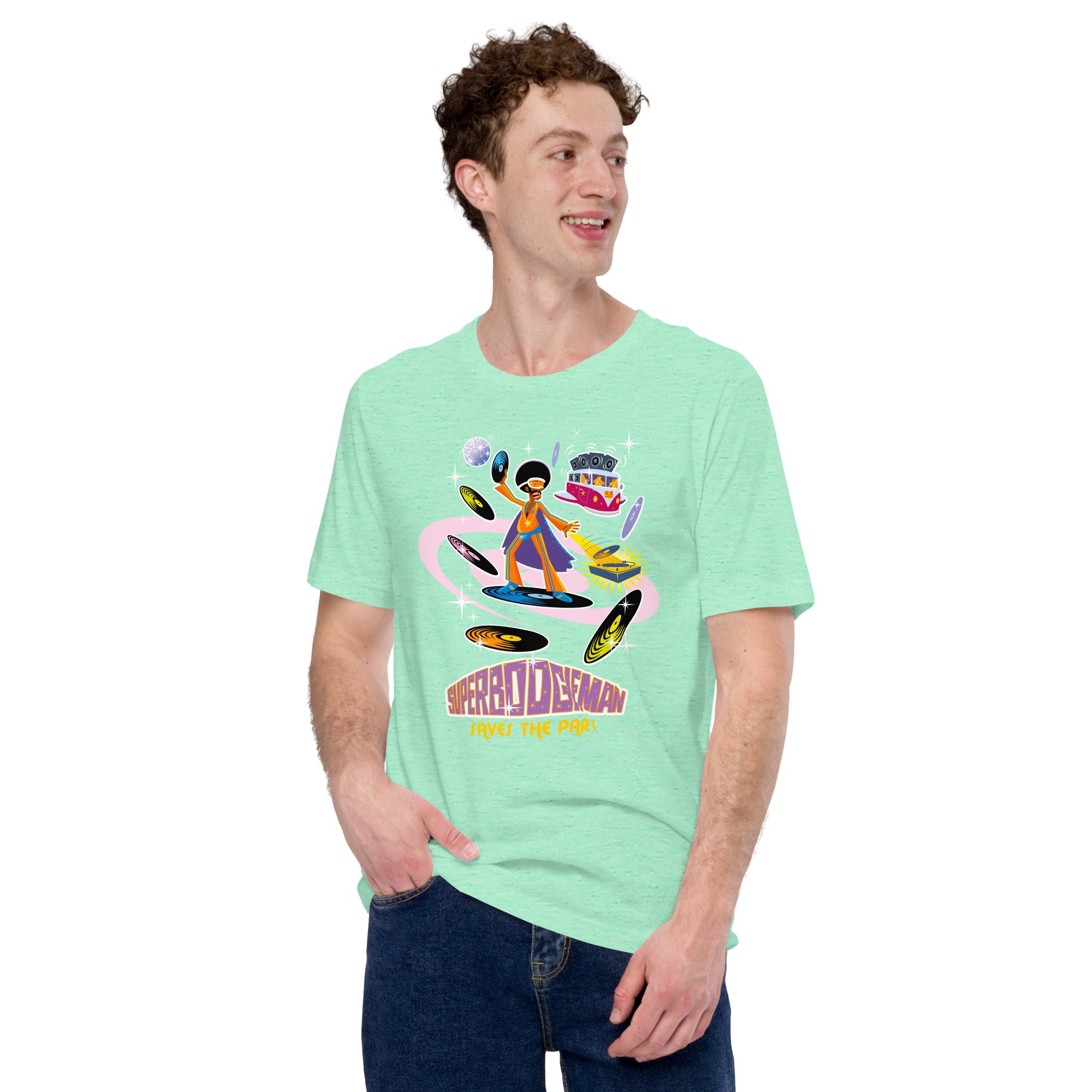 T-shirt en coton unisexe Superboogieman saves the party sur couleurs chinées claires