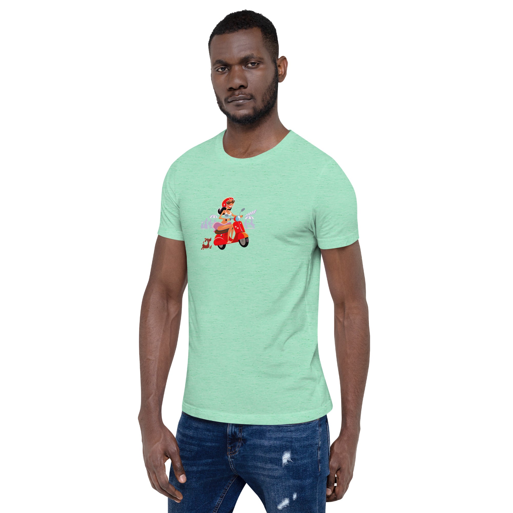 T-shirt en coton unisexe Vespa Girl in St Tropez sur couleurs chinées claires