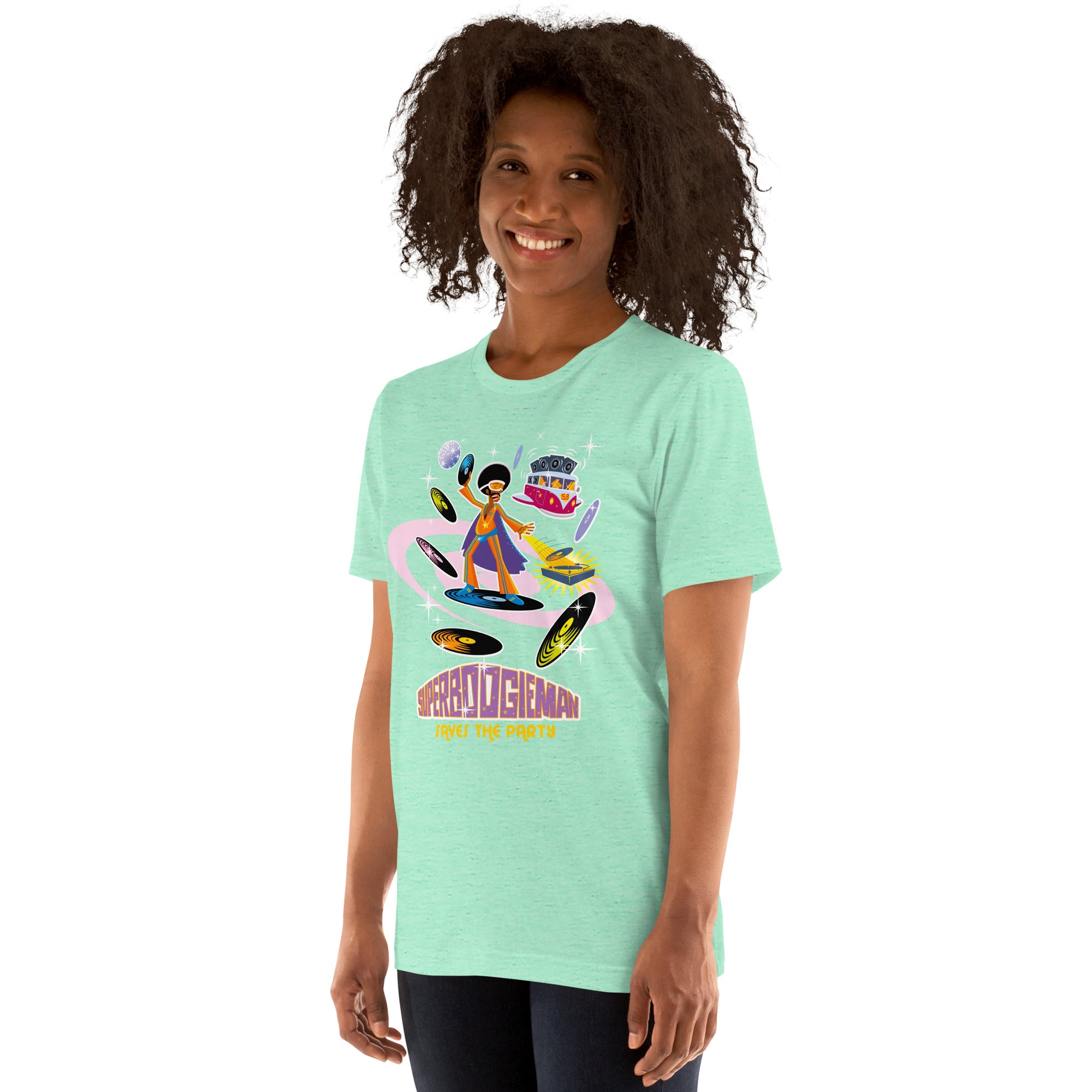 T-shirt en coton unisexe Superboogieman saves the party sur couleurs chinées claires