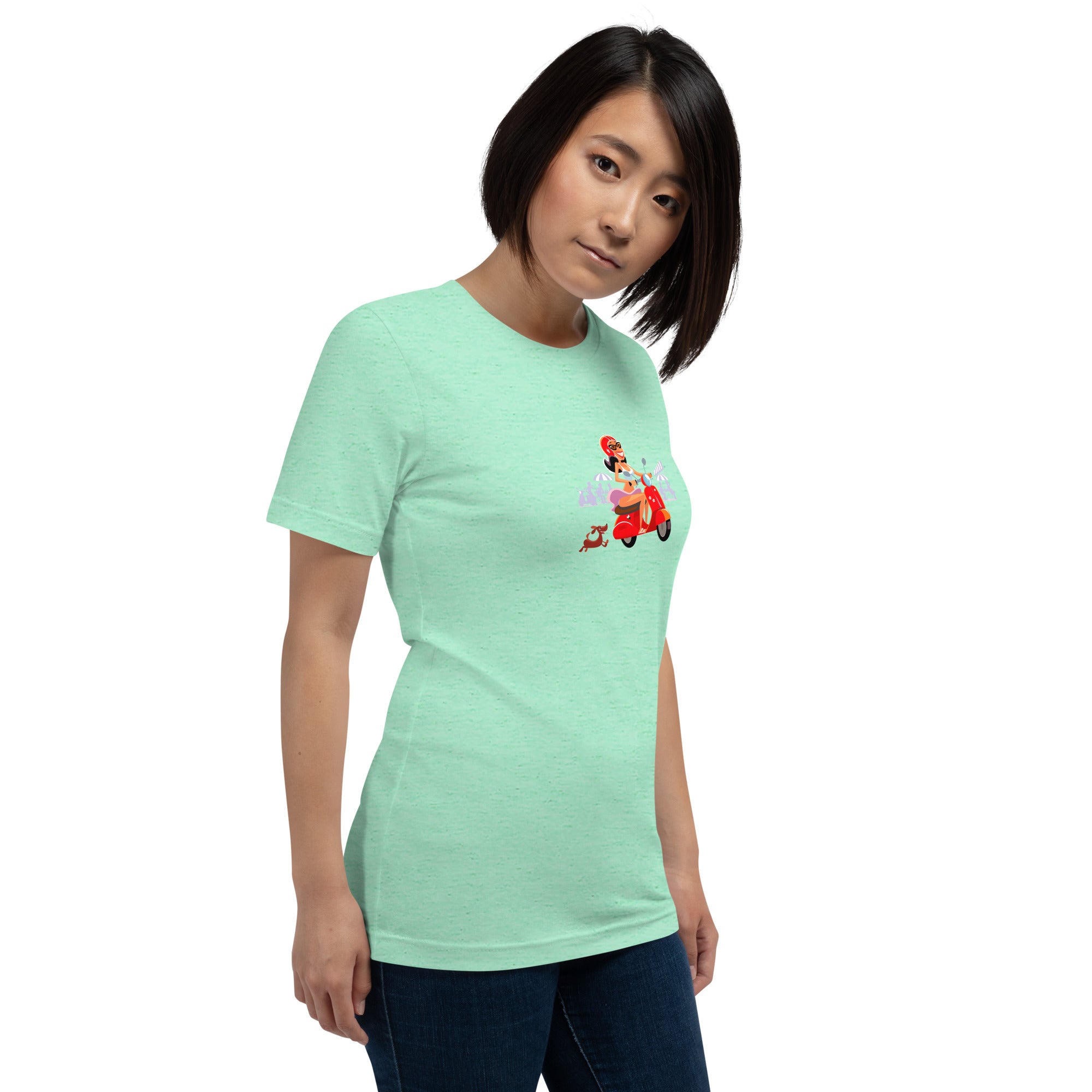 T-shirt en coton unisexe Vespa Girl in St Tropez sur couleurs chinées claires