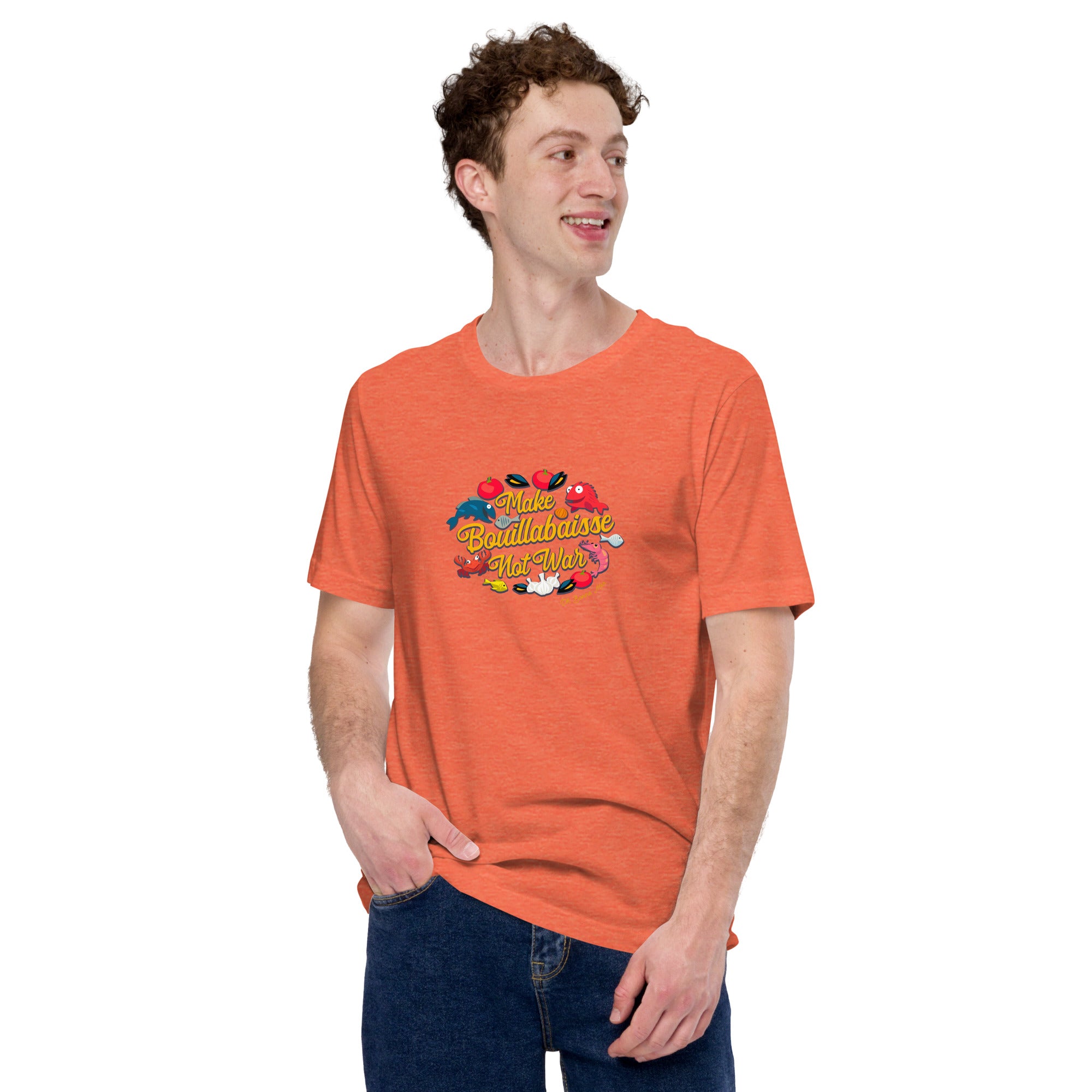 T-shirt en coton unisexe Make Bouillabaisse Not War sur couleurs chinées vives