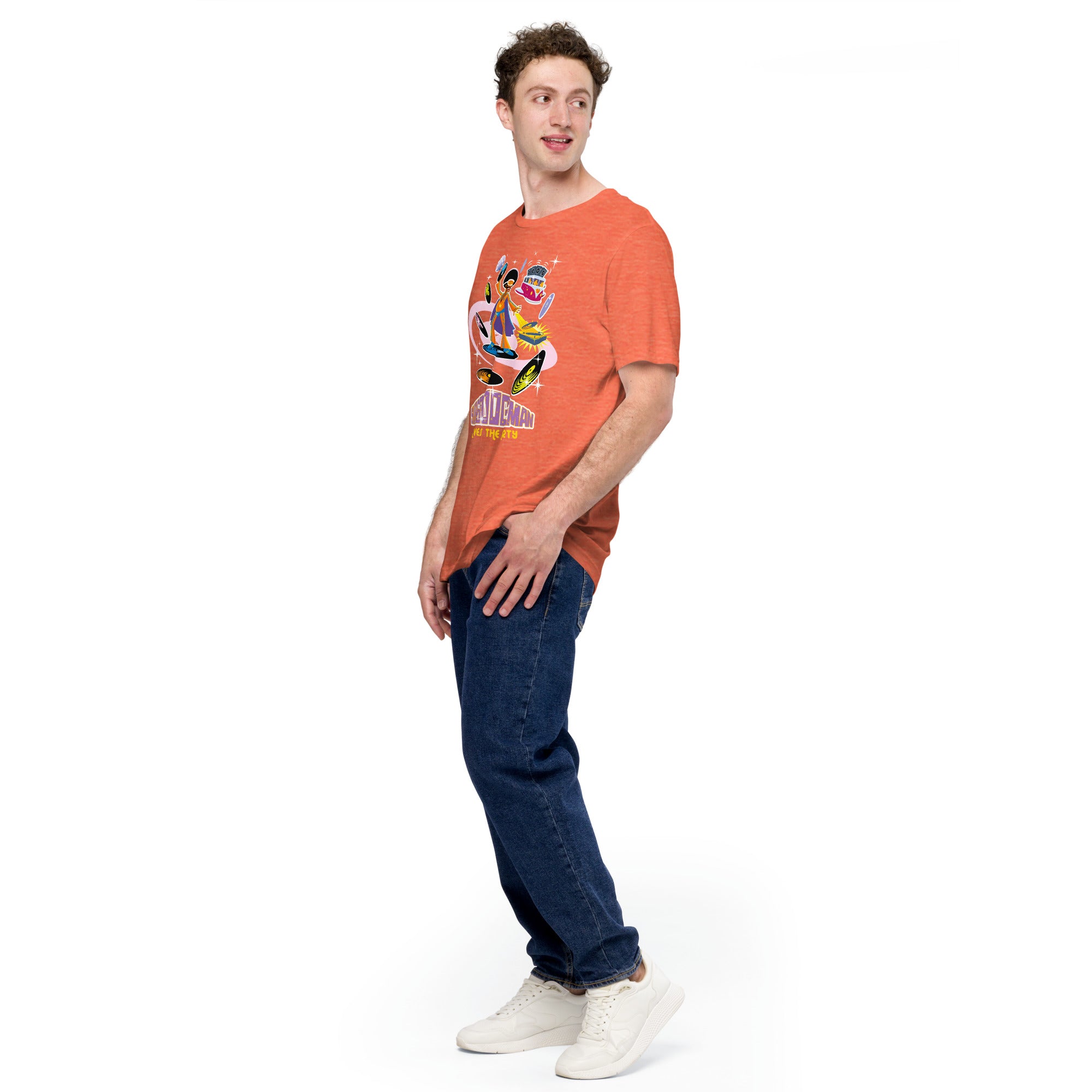 T-shirt en coton unisexe Superboogieman saves the party sur couleurs chinées vives