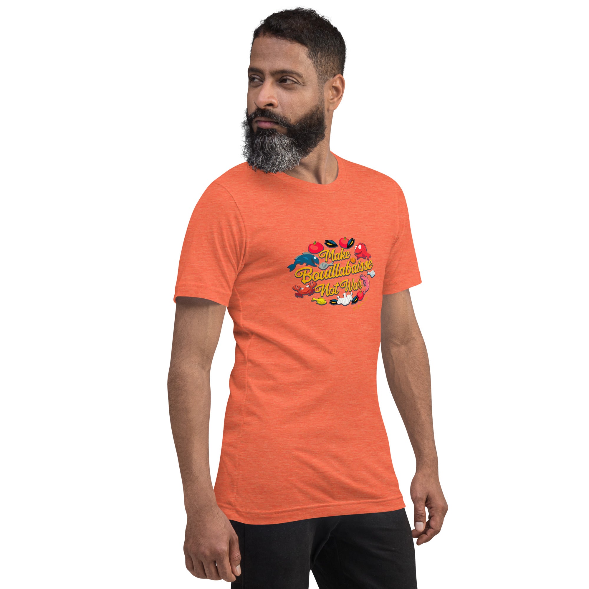 T-shirt en coton unisexe Make Bouillabaisse Not War sur couleurs chinées vives