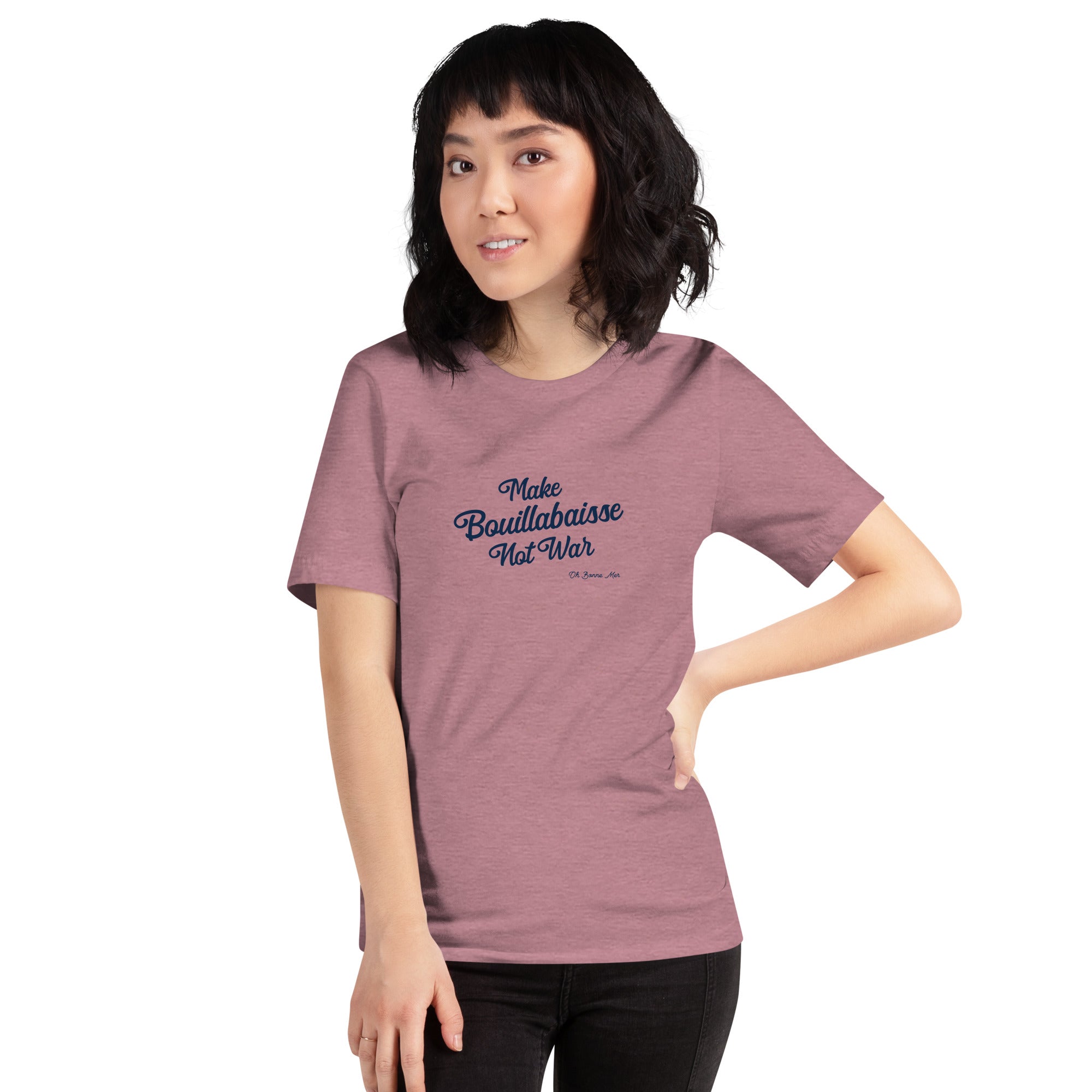 T-shirt en coton unisexe Make Bouillabaisse Not War Text Only sur couleurs chinées vives