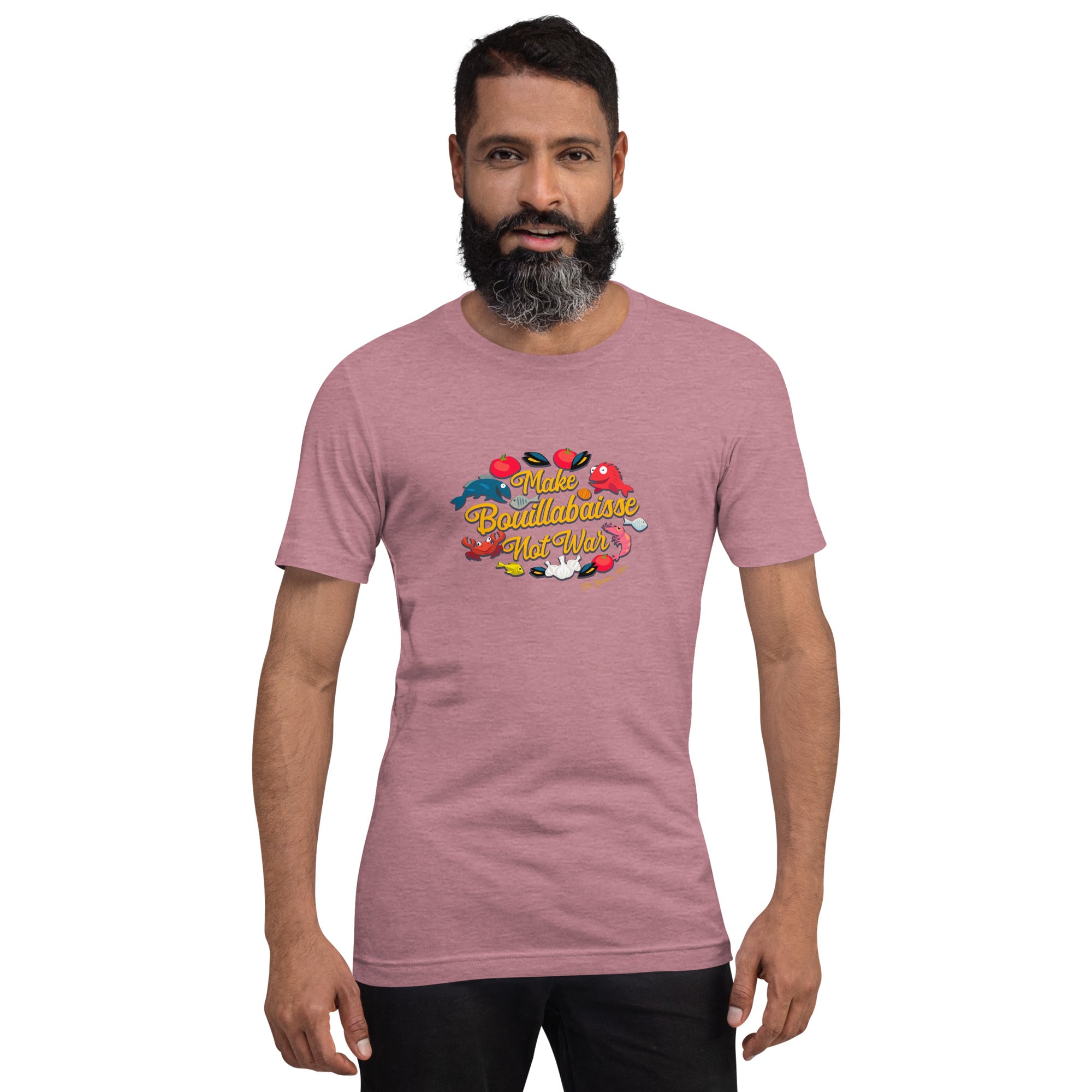 T-shirt en coton unisexe Make Bouillabaisse Not War sur couleurs chinées vives