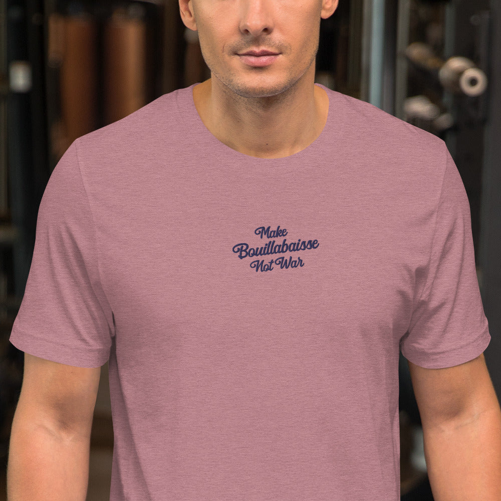 Unisex t-shirt Make Bouillabaisse Not War Text Only navy embroidered pattern on bright heather colors