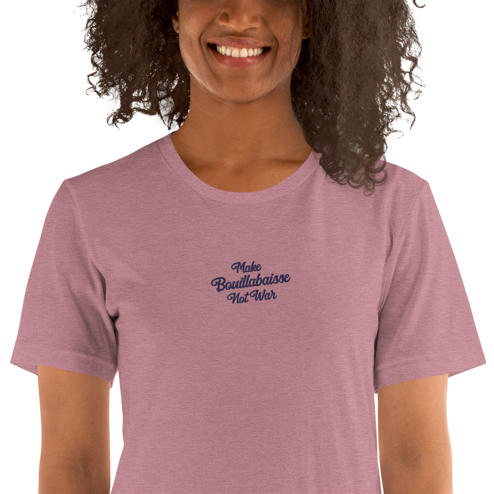 Unisex t-shirt Make Bouillabaisse Not War Text Only navy embroidered pattern on bright heather colors