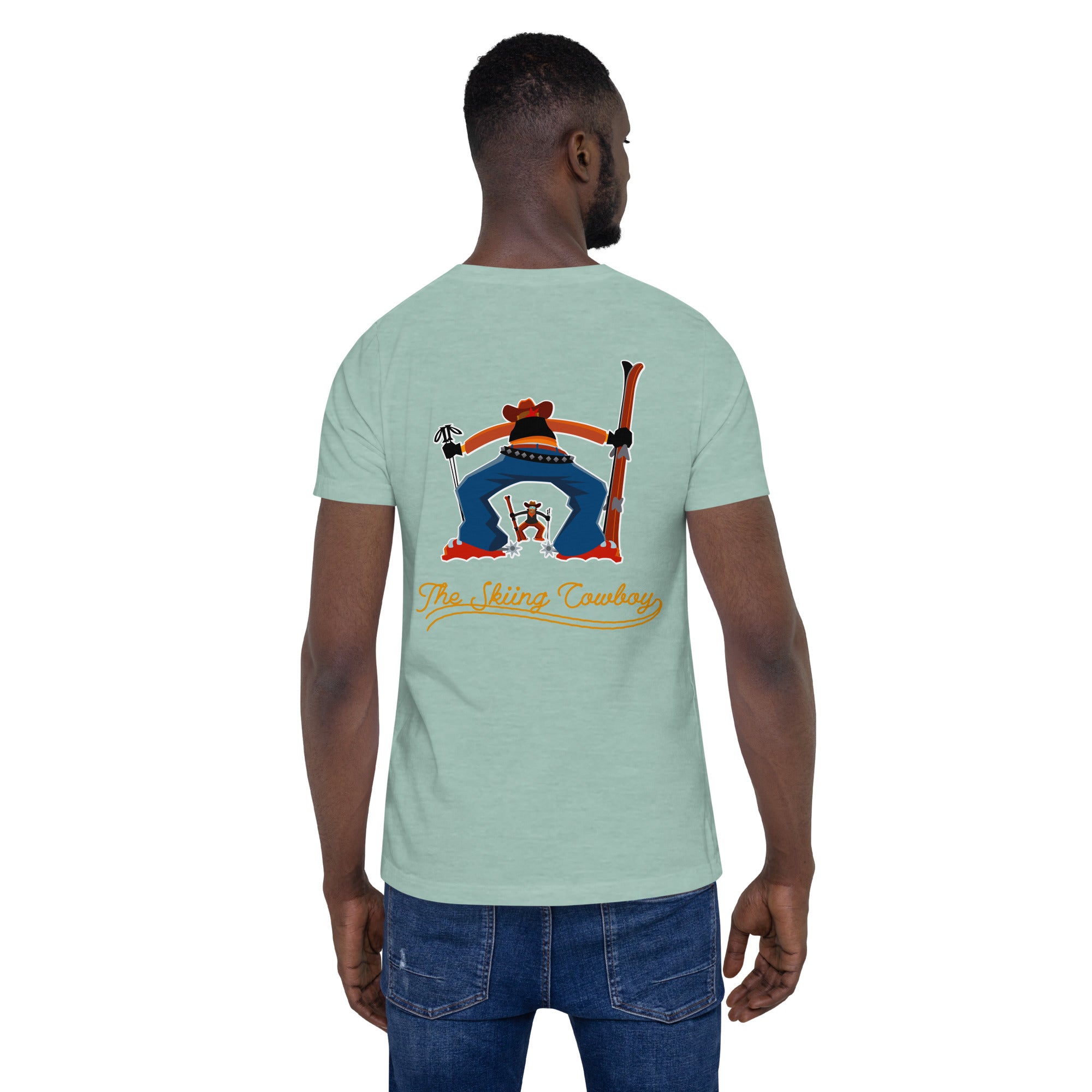 T-shirt en coton unisexe Skiing Cowboy (face) & Ski Fight at OK Corral Outline (dos) sur couleurs chinées claires