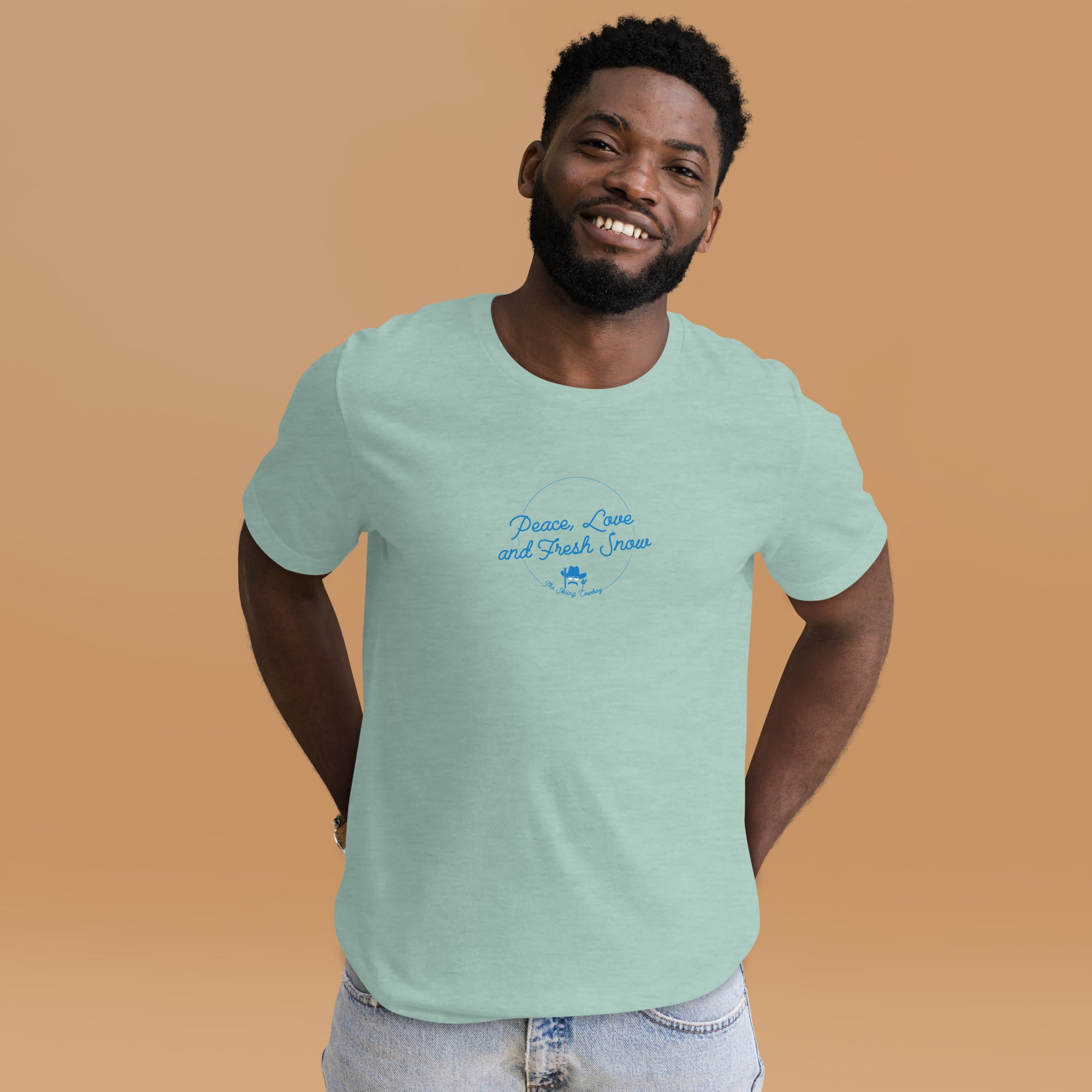 T-shirt en coton unisexe Peace, Love and Fresh Snow sur couleurs chinées claires