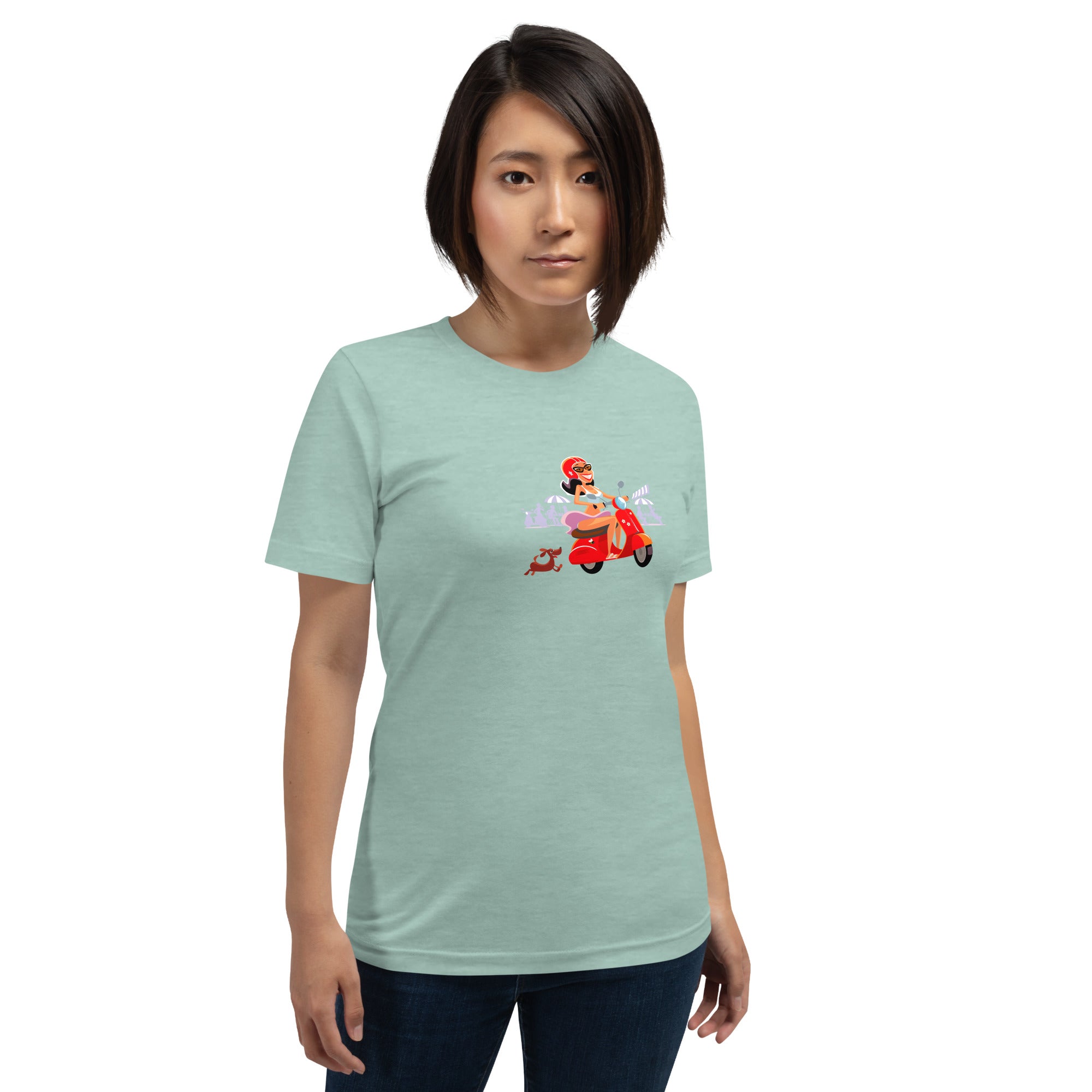 T-shirt en coton unisexe Vespa Girl in St Tropez sur couleurs chinées claires