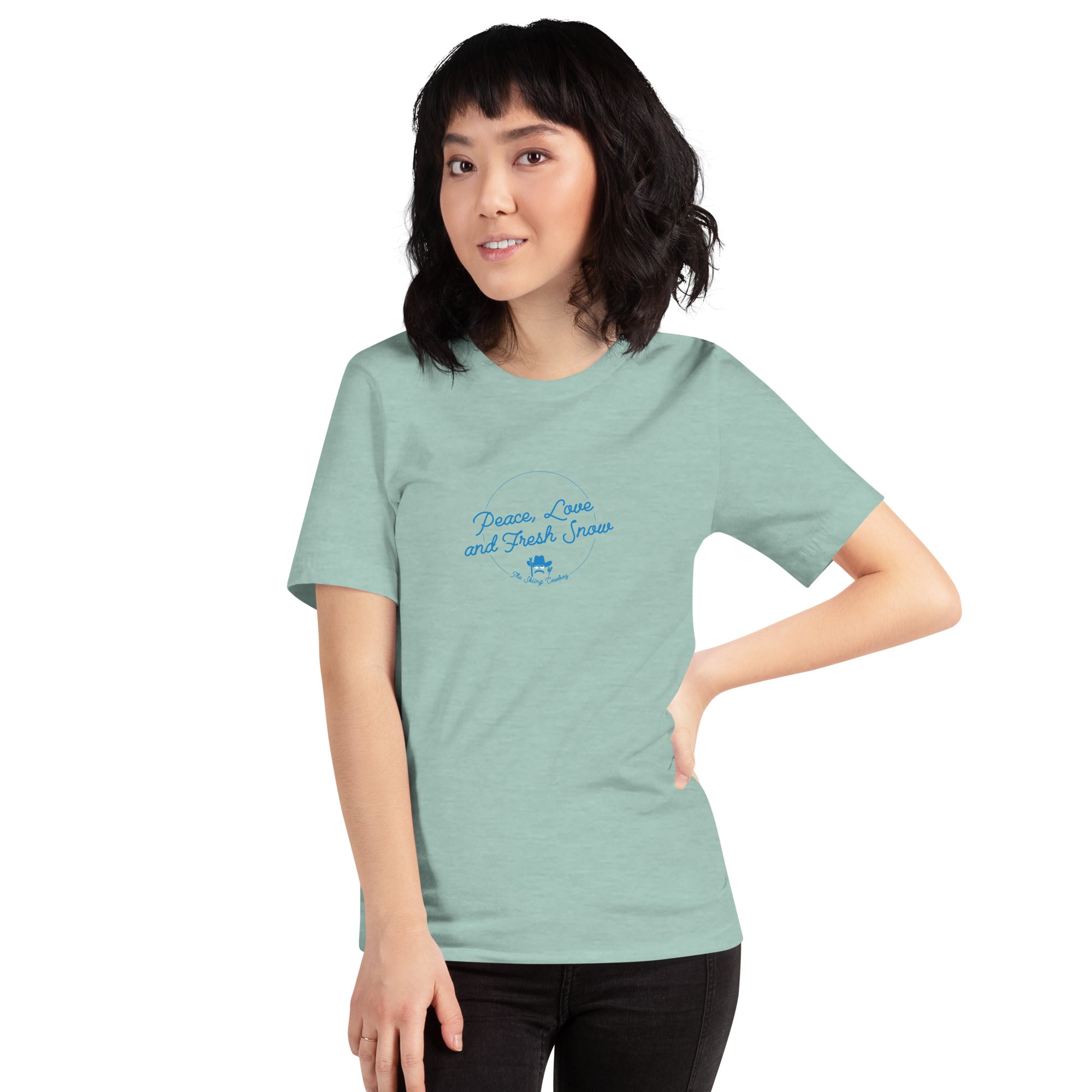 T-shirt en coton unisexe Peace, Love and Fresh Snow sur couleurs chinées claires