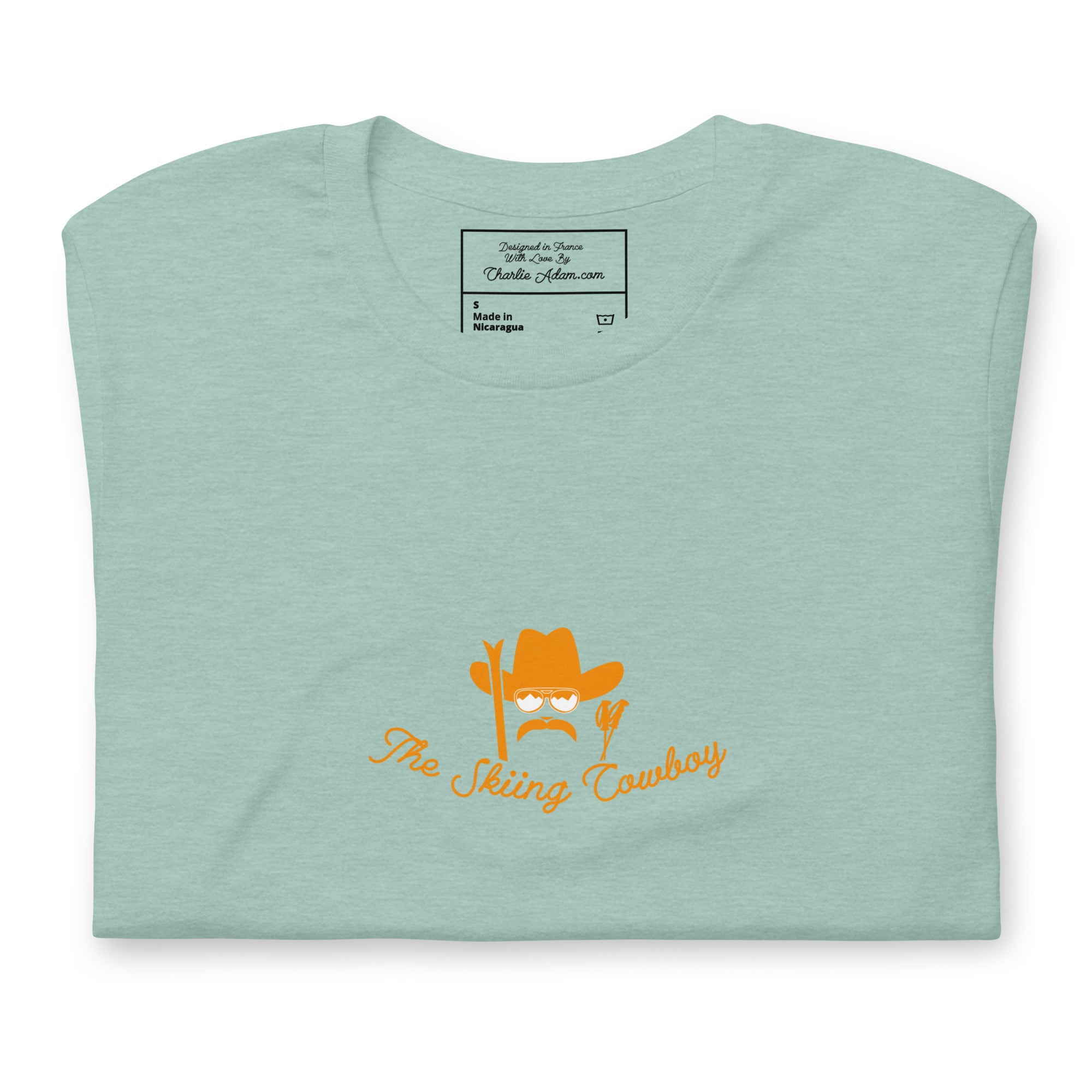 T-shirt en coton unisexe Skiing Cowboy (face) & Ski Fight at OK Corral Outline (dos) sur couleurs chinées claires