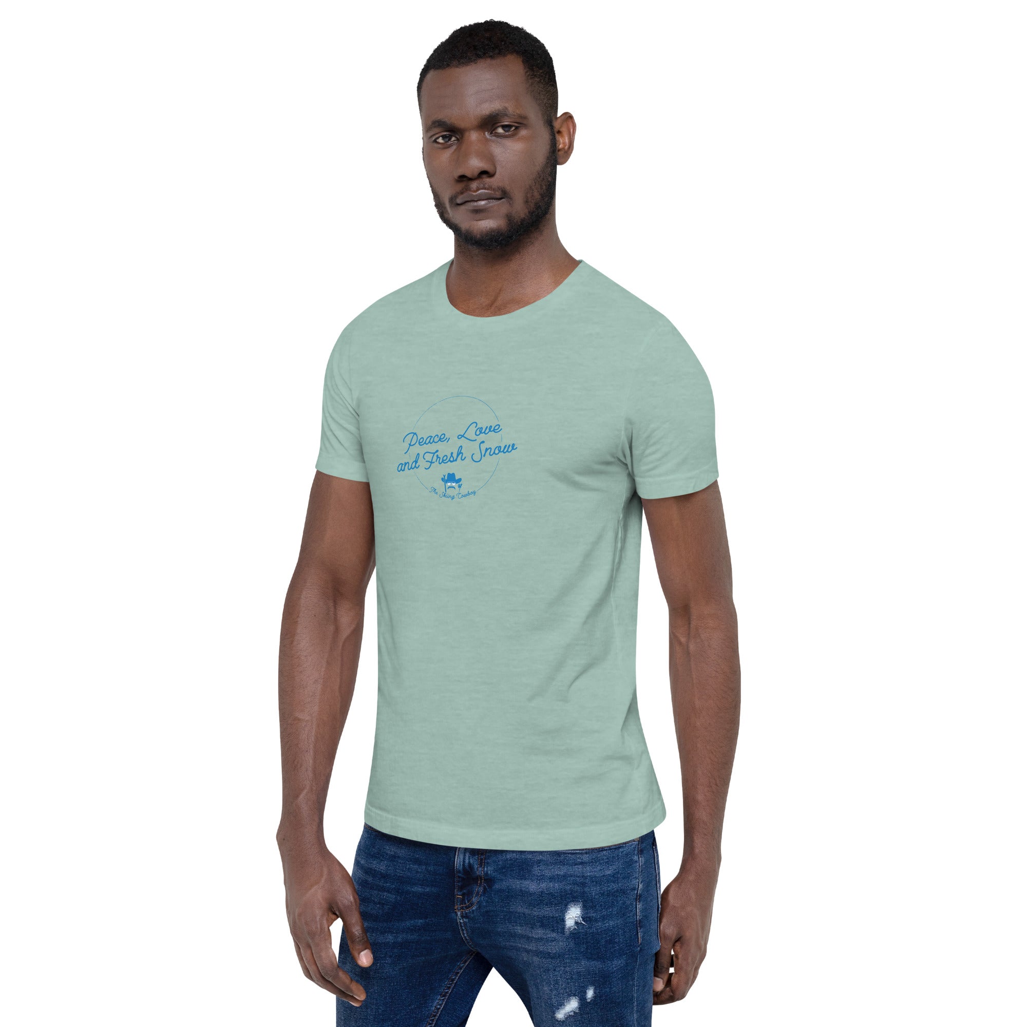 T-shirt en coton unisexe Peace, Love and Fresh Snow sur couleurs chinées claires