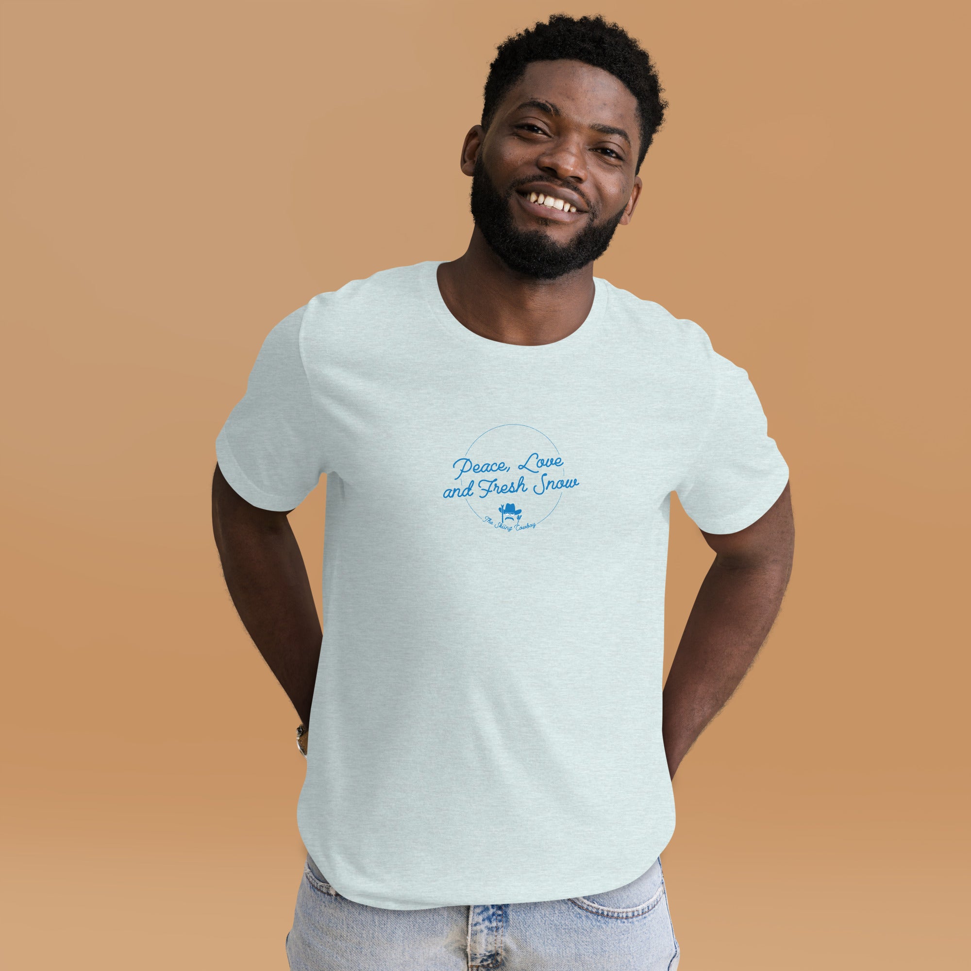 T-shirt en coton unisexe Peace, Love and Fresh Snow sur couleurs chinées claires