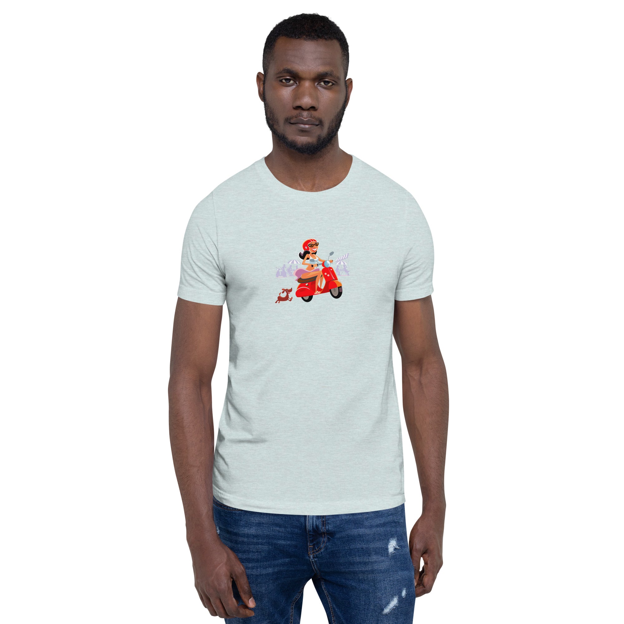 T-shirt en coton unisexe Vespa Girl in St Tropez sur couleurs chinées claires