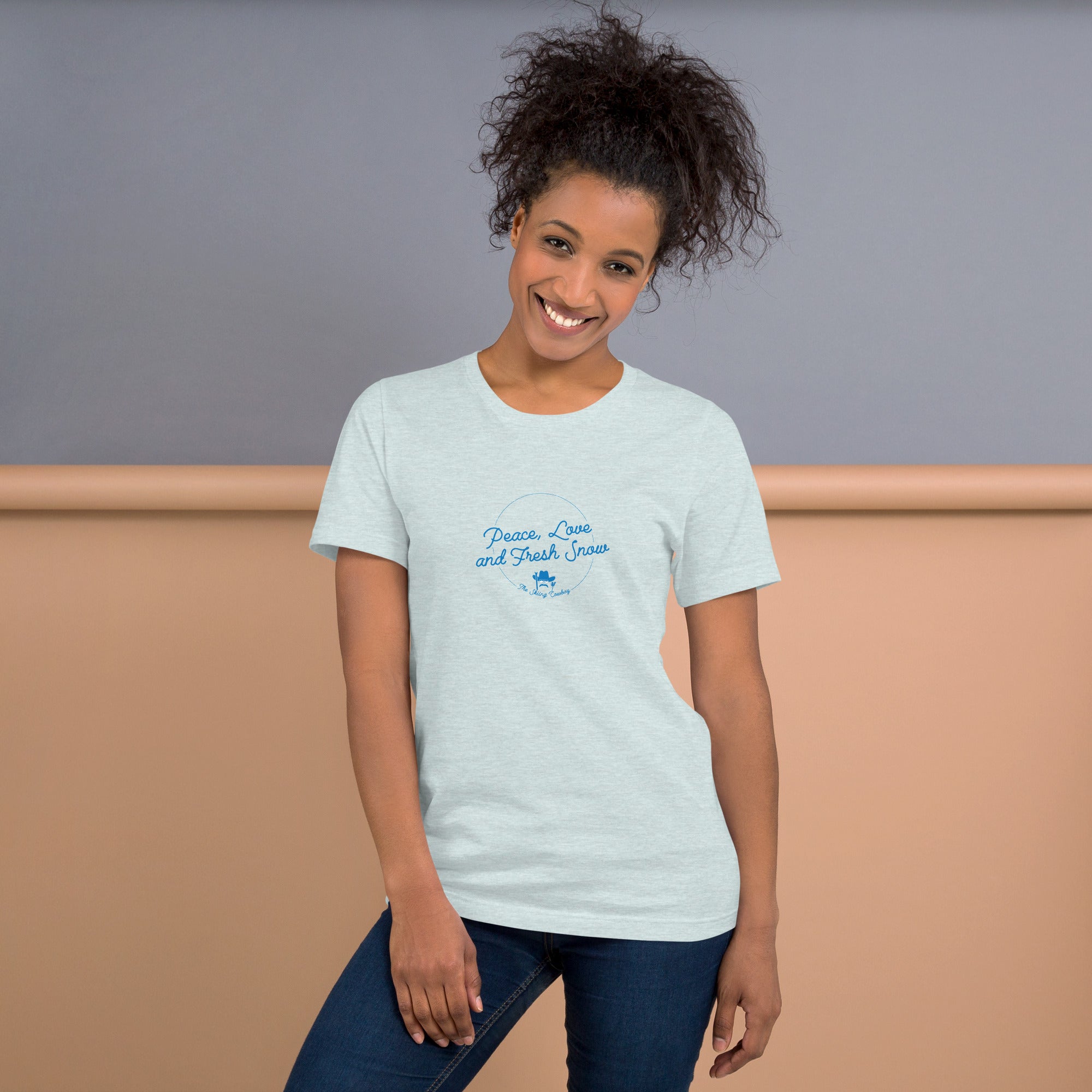 T-shirt en coton unisexe Peace, Love and Fresh Snow sur couleurs chinées claires