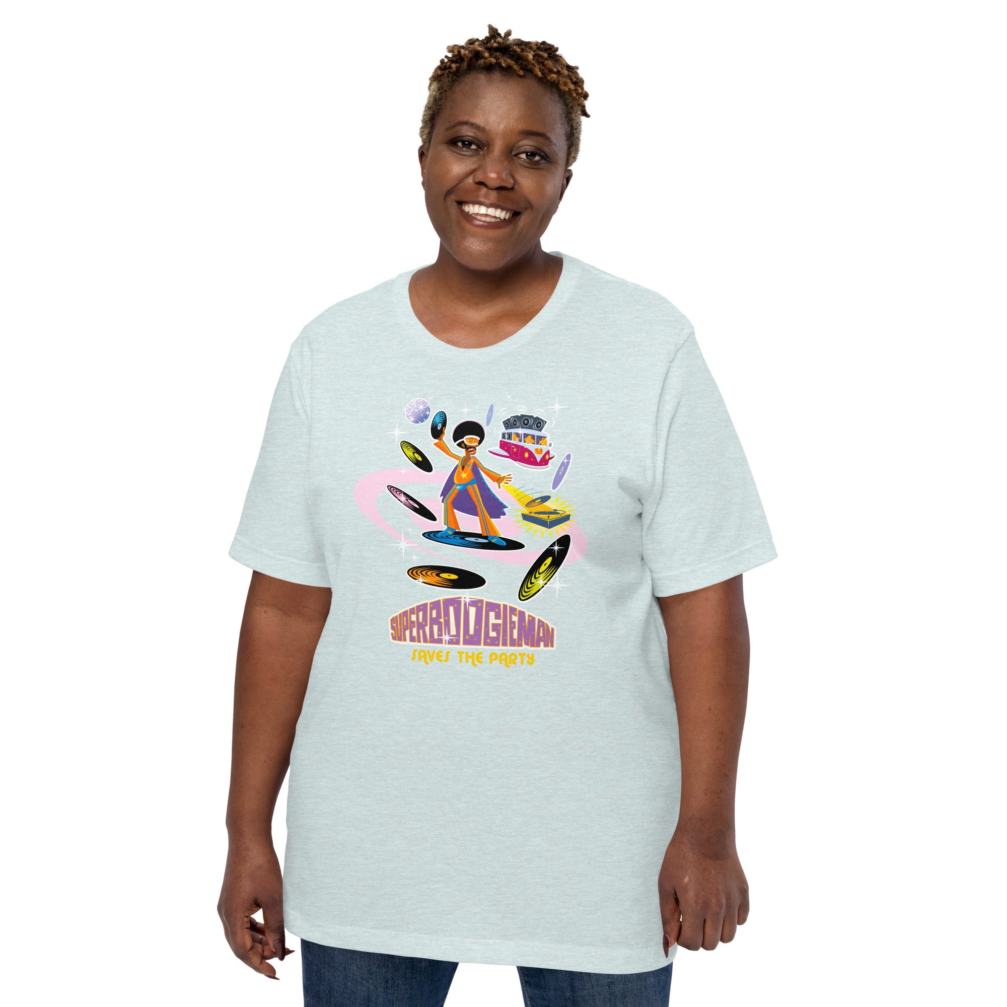 T-shirt en coton unisexe Superboogieman saves the party sur couleurs chinées claires