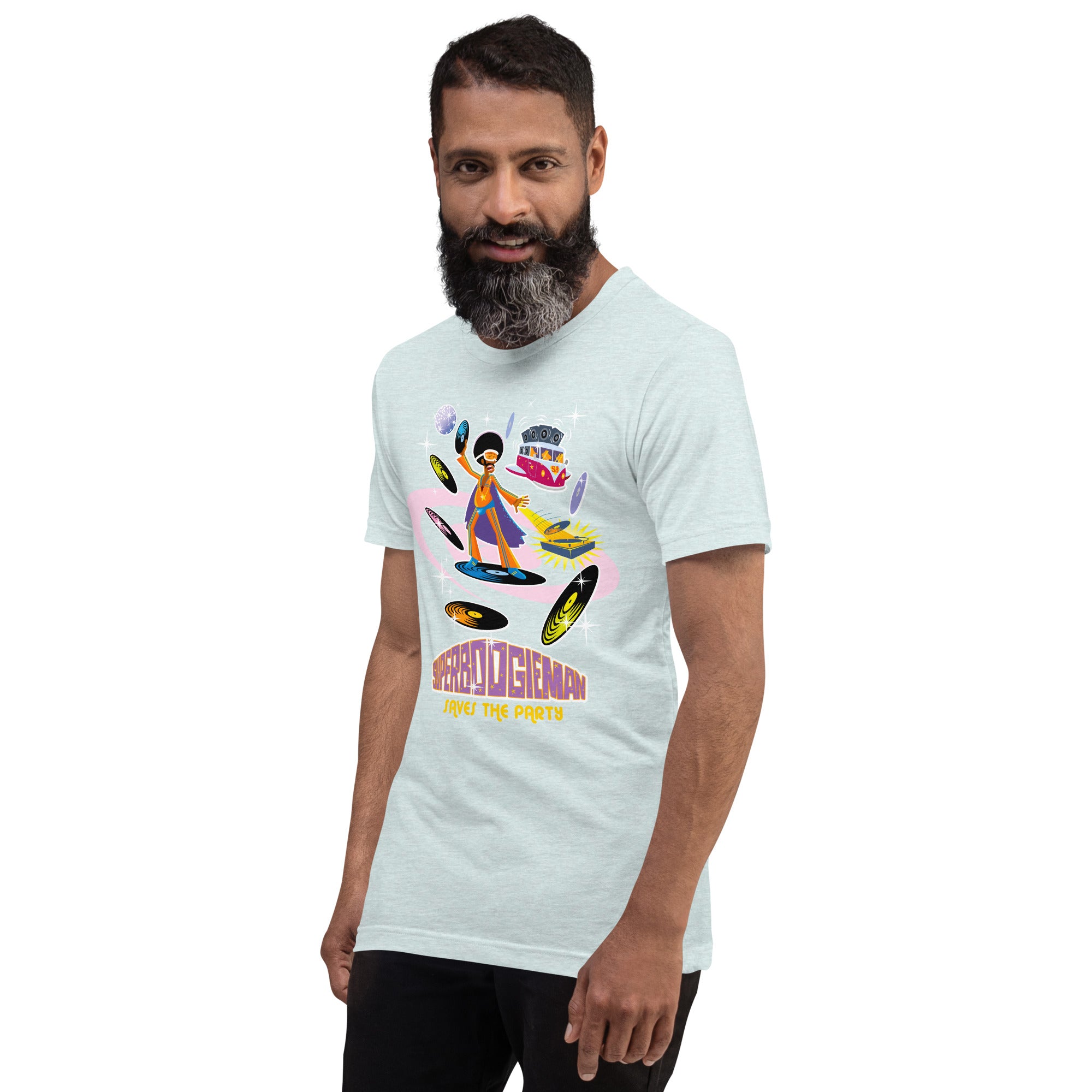 T-shirt en coton unisexe Superboogieman saves the party sur couleurs chinées claires