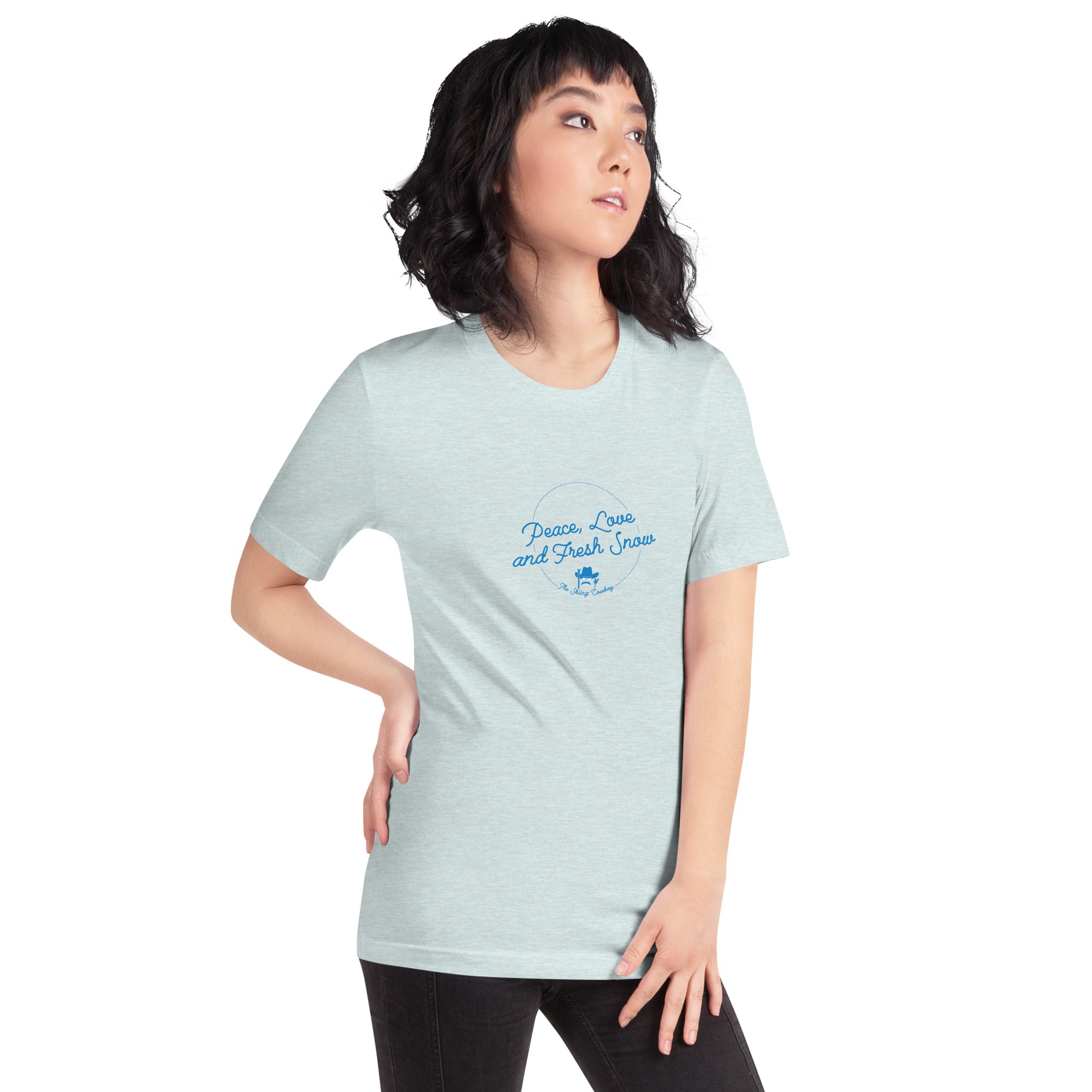 T-shirt en coton unisexe Peace, Love and Fresh Snow sur couleurs chinées claires