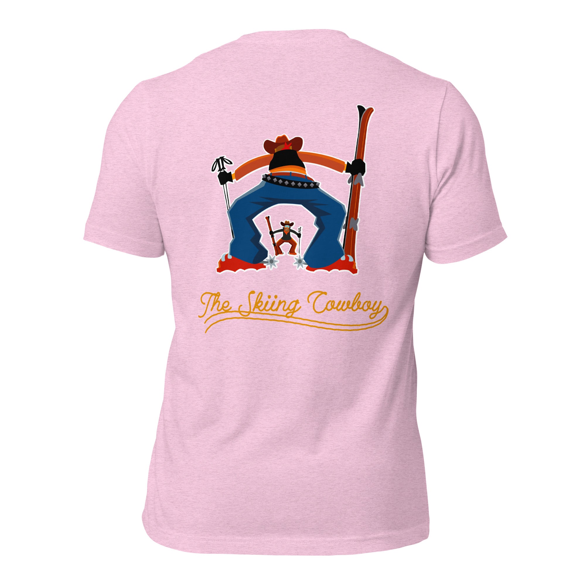 T-shirt en coton unisexe Skiing Cowboy (face) & Ski Fight at OK Corral Outline (dos) sur couleurs chinées claires