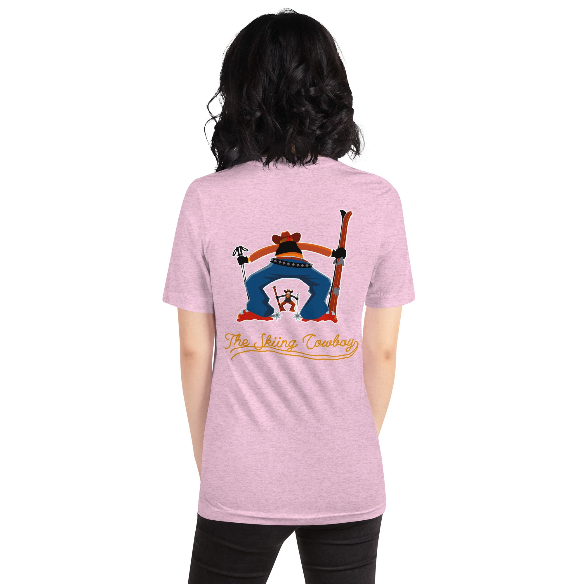 T-shirt en coton unisexe Skiing Cowboy (face) & Ski Fight at OK Corral Outline (dos) sur couleurs chinées claires