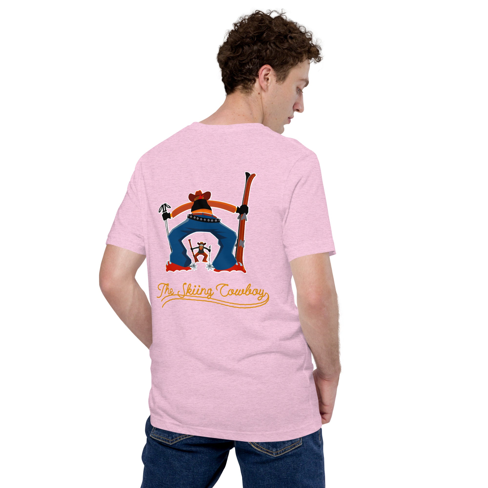 T-shirt en coton unisexe Skiing Cowboy (face) & Ski Fight at OK Corral Outline (dos) sur couleurs chinées claires