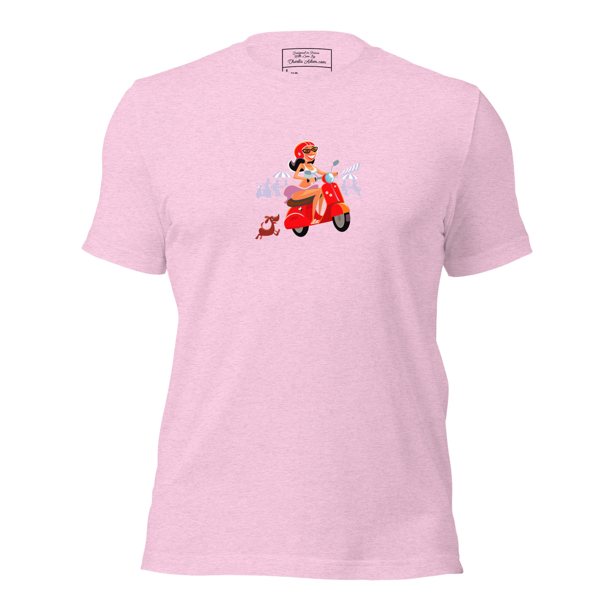 T-shirt en coton unisexe Vespa Girl in St Tropez sur couleurs chinées claires