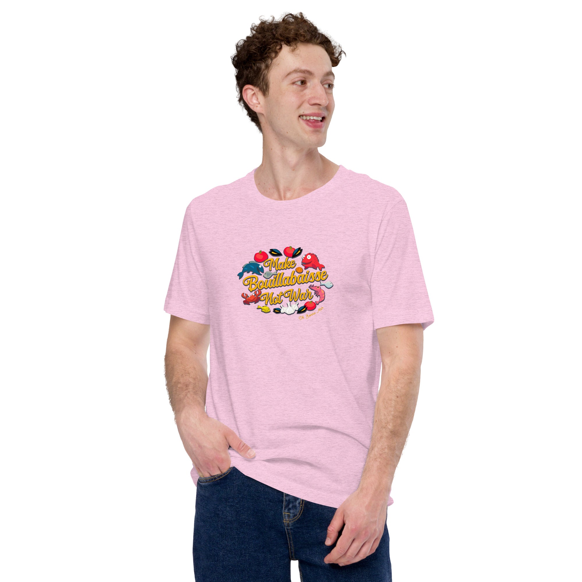 T-shirt en coton unisexe Make Bouillabaisse Not War Oh Bonne Mer sur couleurs chinées claires