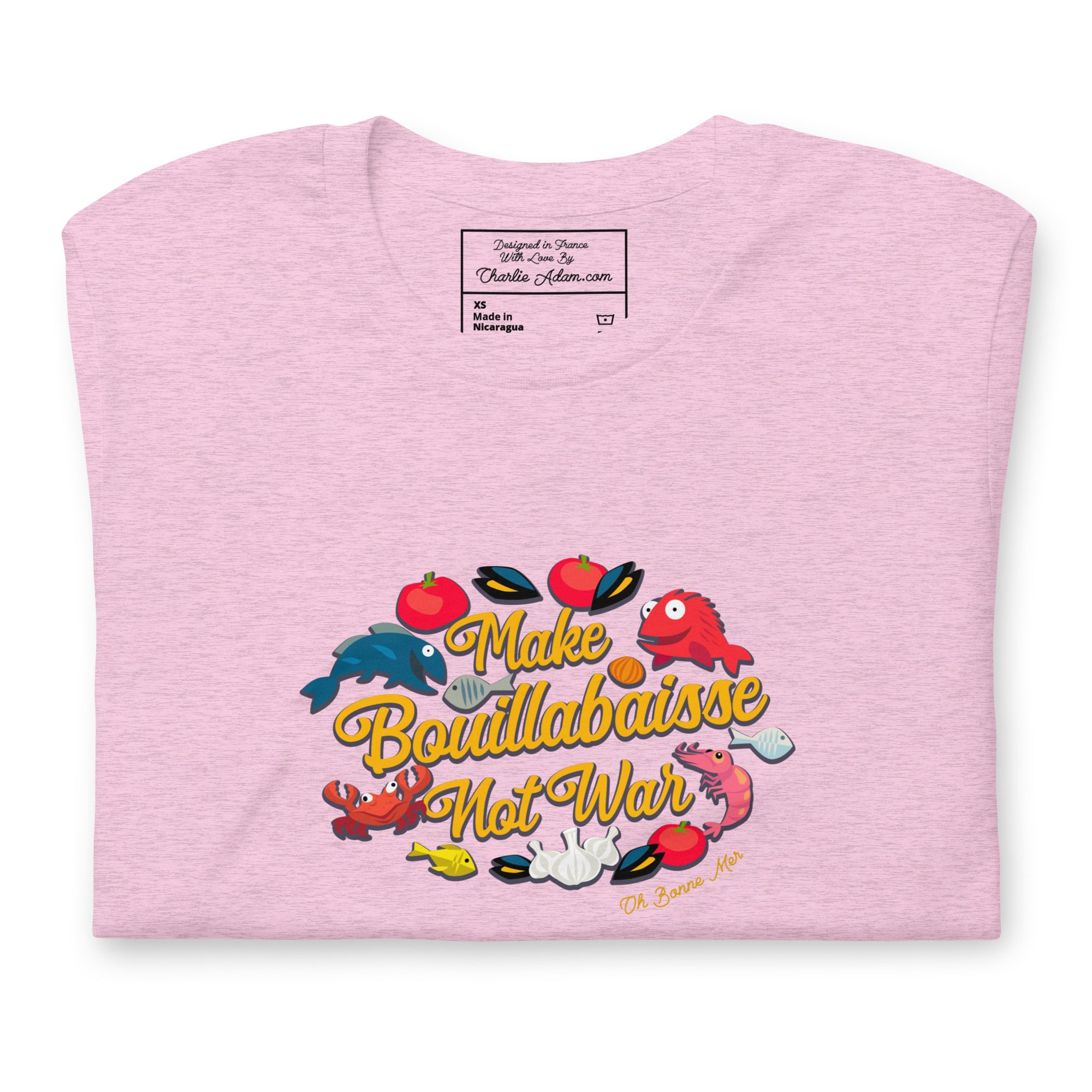 T-shirt en coton unisexe Make Bouillabaisse Not War Oh Bonne Mer sur couleurs chinées claires