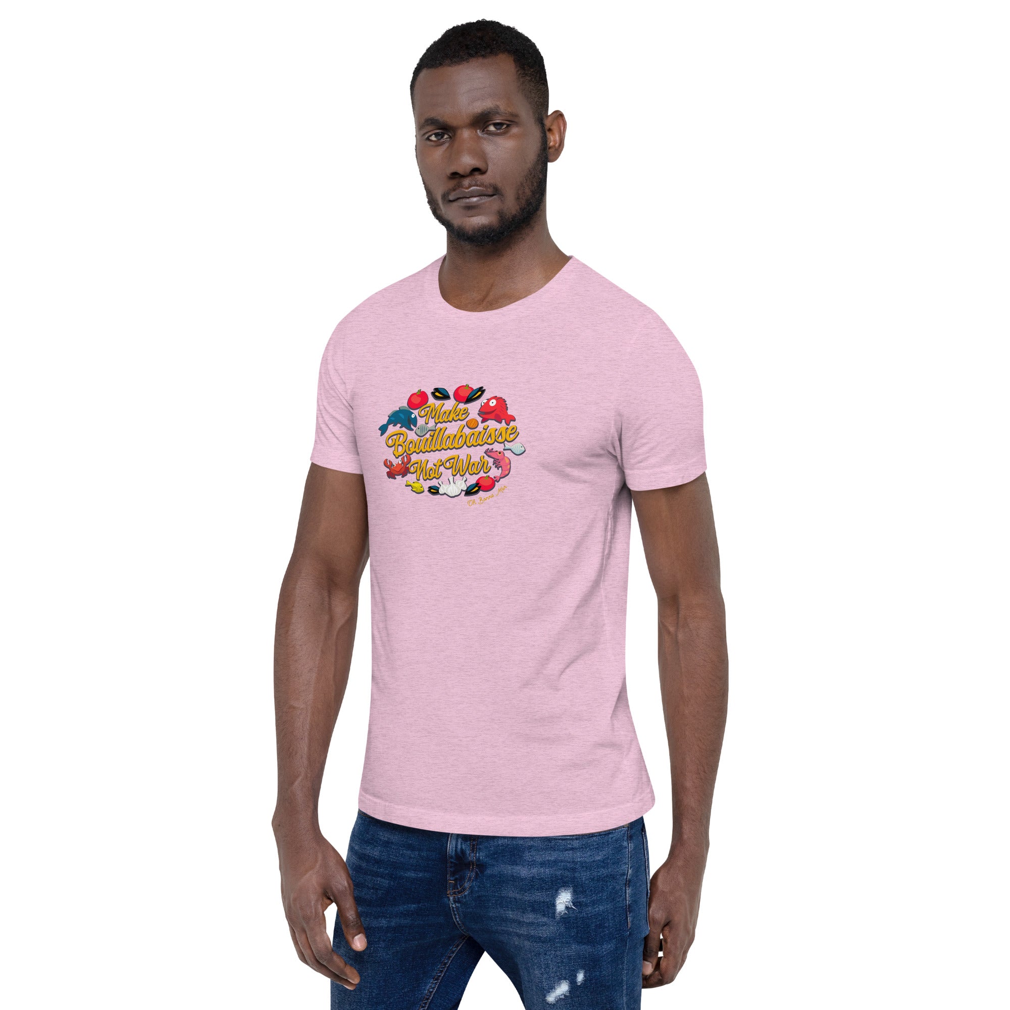 T-shirt en coton unisexe Make Bouillabaisse Not War Oh Bonne Mer sur couleurs chinées claires