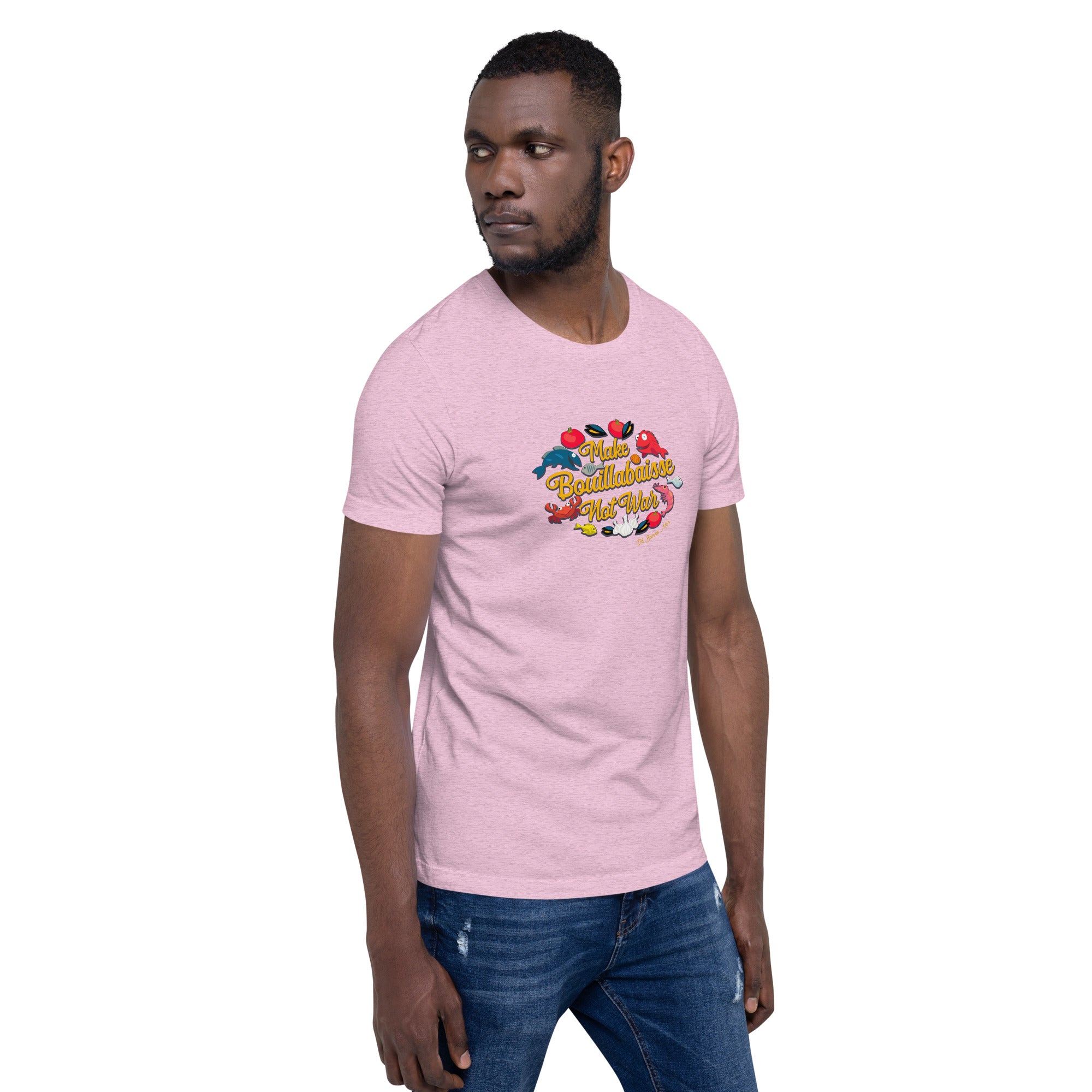 T-shirt en coton unisexe Make Bouillabaisse Not War Oh Bonne Mer sur couleurs chinées claires