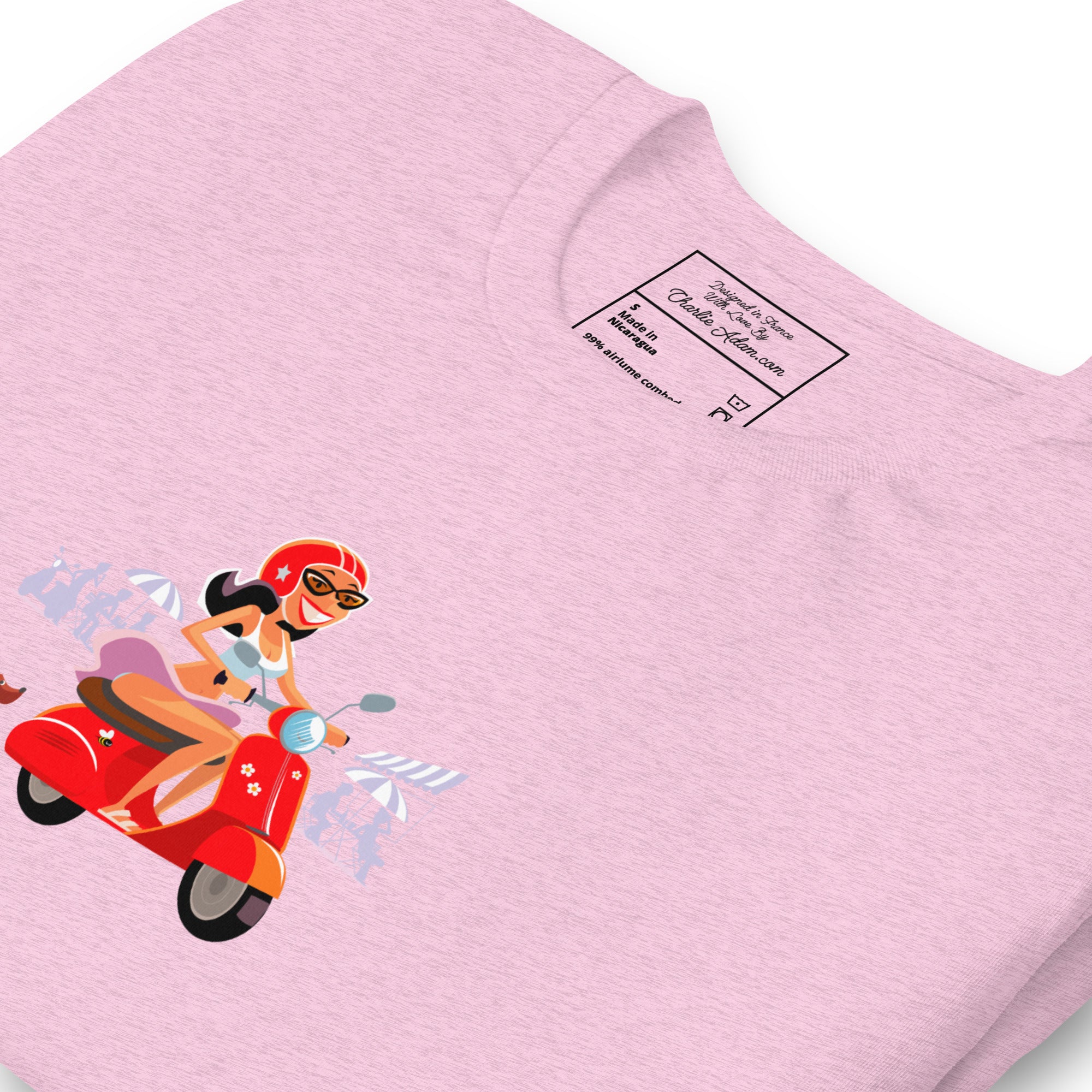 T-shirt en coton unisexe Vespa Girl in St Tropez sur couleurs chinées claires