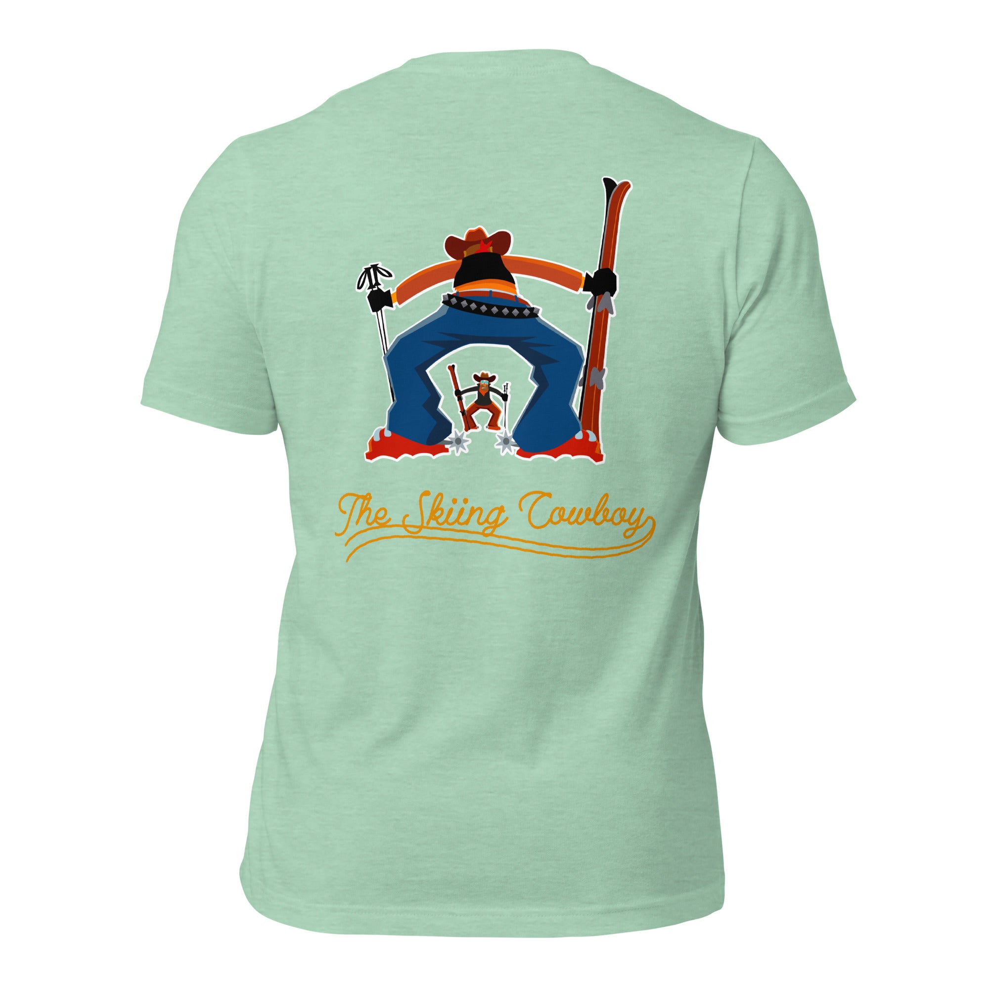 T-shirt en coton unisexe Skiing Cowboy (face) & Ski Fight at OK Corral Outline (dos) sur couleurs chinées claires