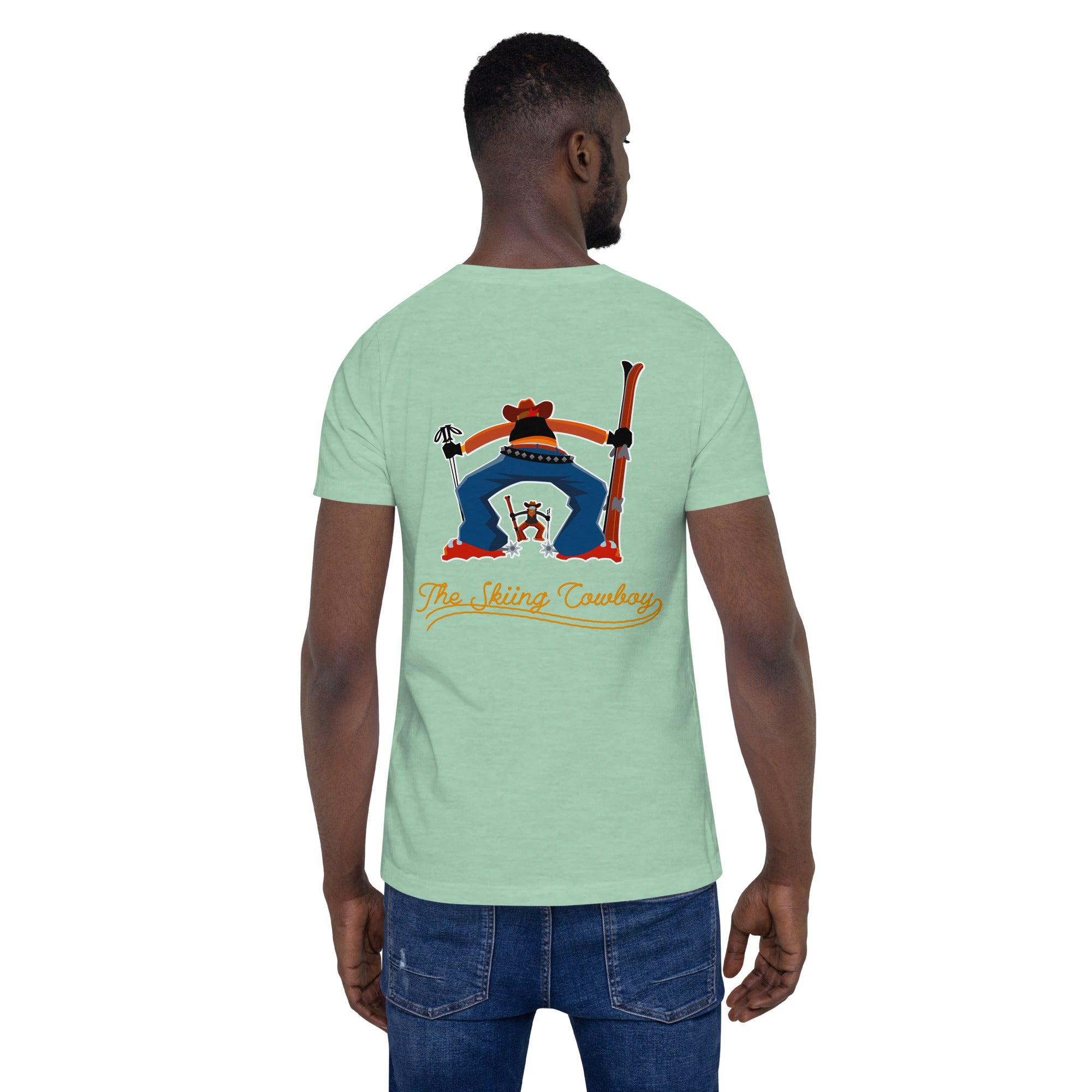 T-shirt en coton unisexe Skiing Cowboy (face) & Ski Fight at OK Corral Outline (dos) sur couleurs chinées claires