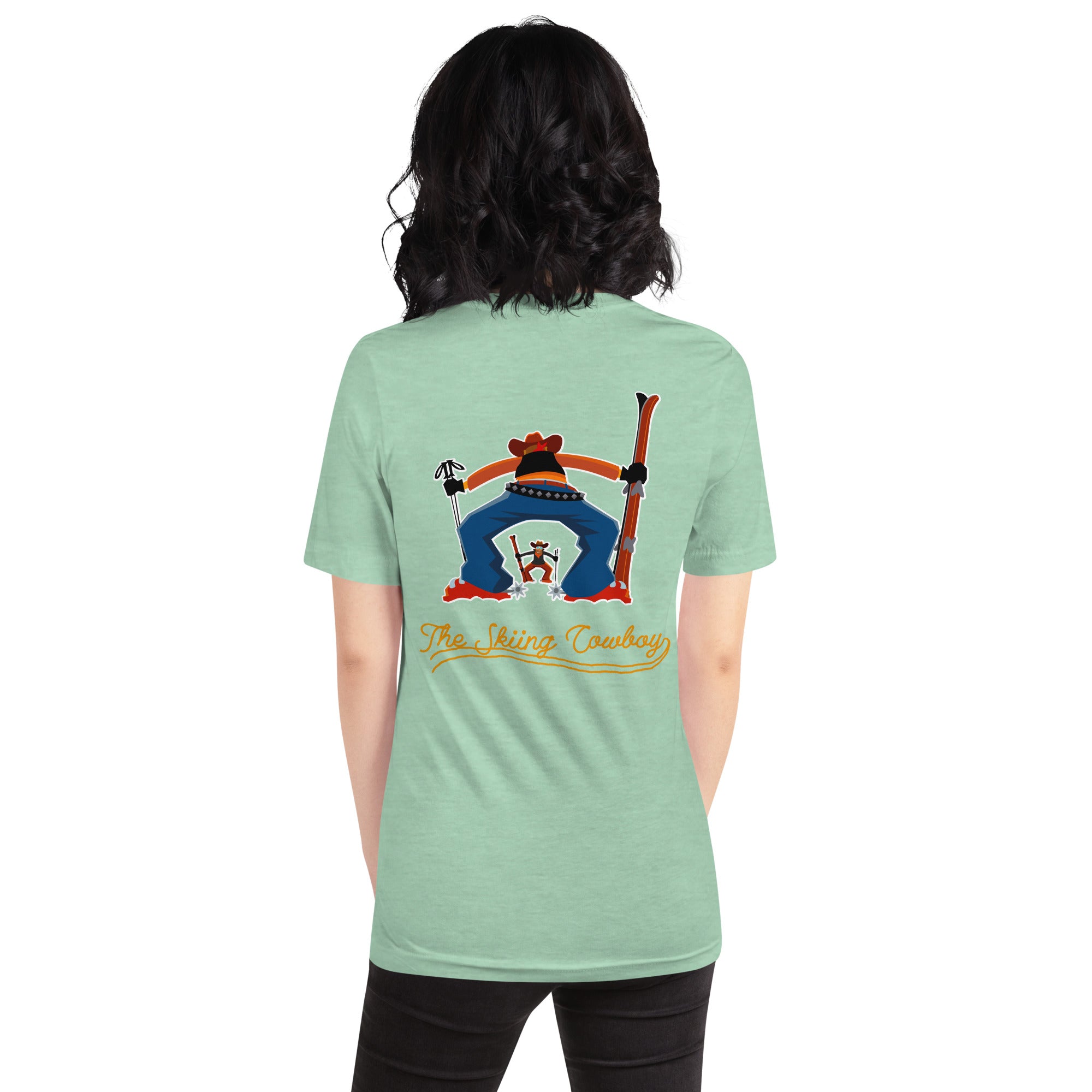 T-shirt en coton unisexe Skiing Cowboy (face) & Ski Fight at OK Corral Outline (dos) sur couleurs chinées claires