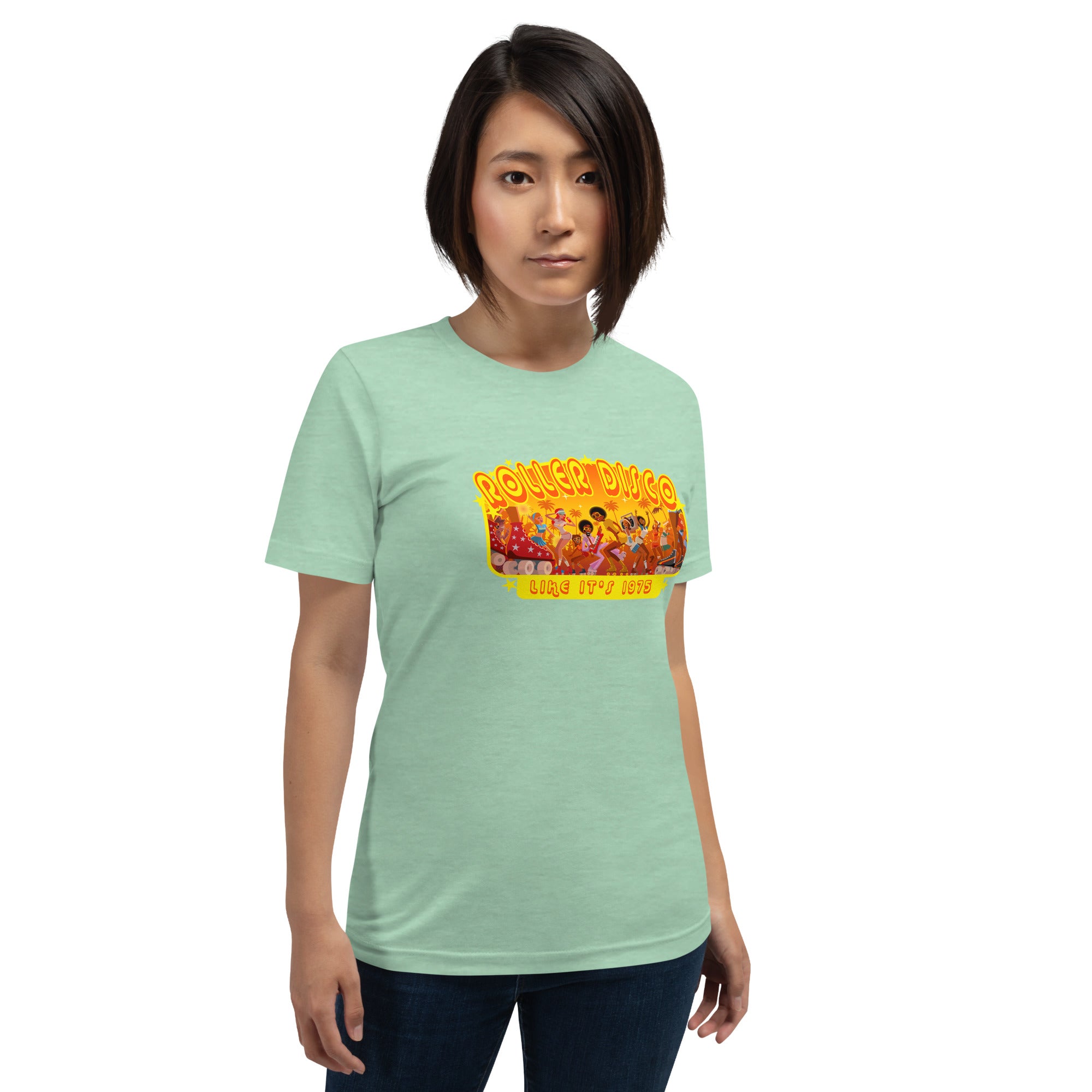 T-shirt en coton unisexe Roller Disco 1975 sur couleurs chinées claires