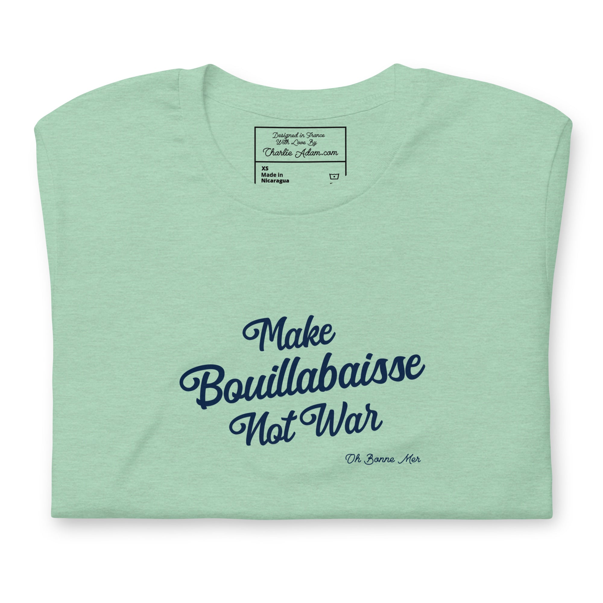 T-shirt en coton unisexe Make Bouillabaisse Not War Text Only sur couleurs chinées claires