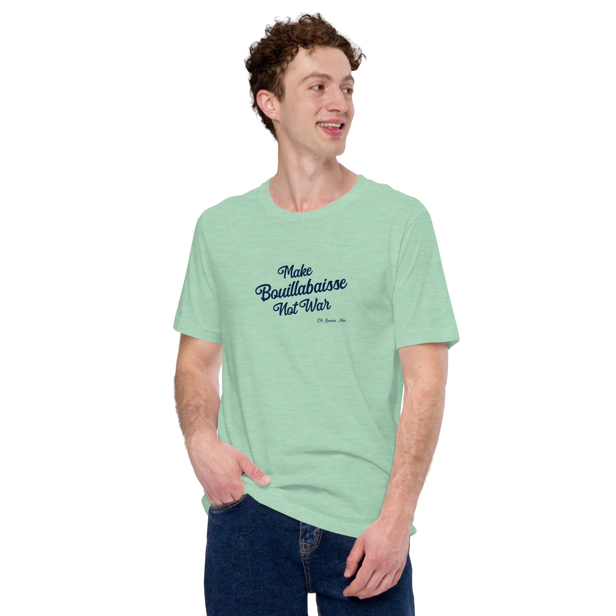 T-shirt en coton unisexe Make Bouillabaisse Not War Text Only sur couleurs chinées claires