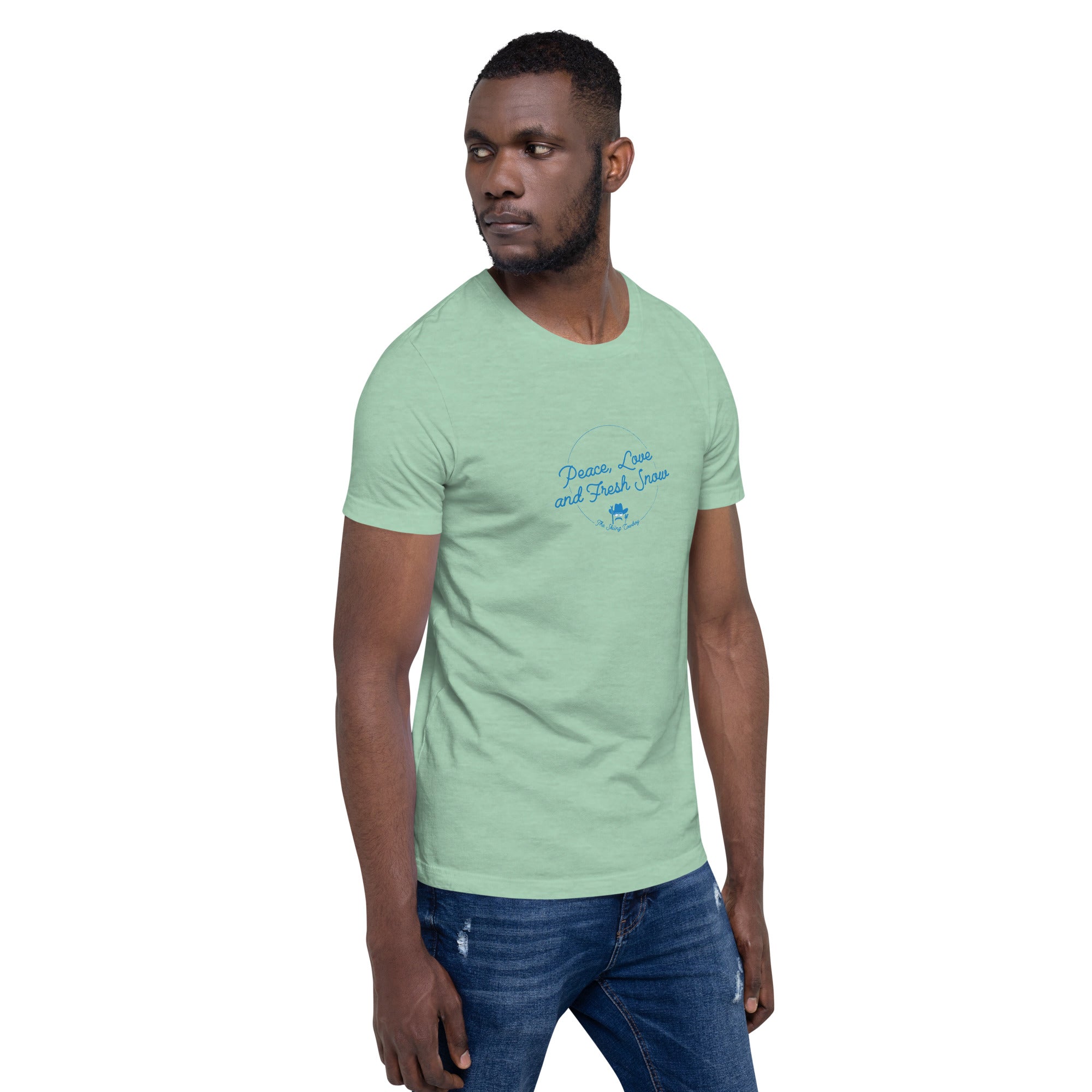 T-shirt en coton unisexe Peace, Love and Fresh Snow sur couleurs chinées claires