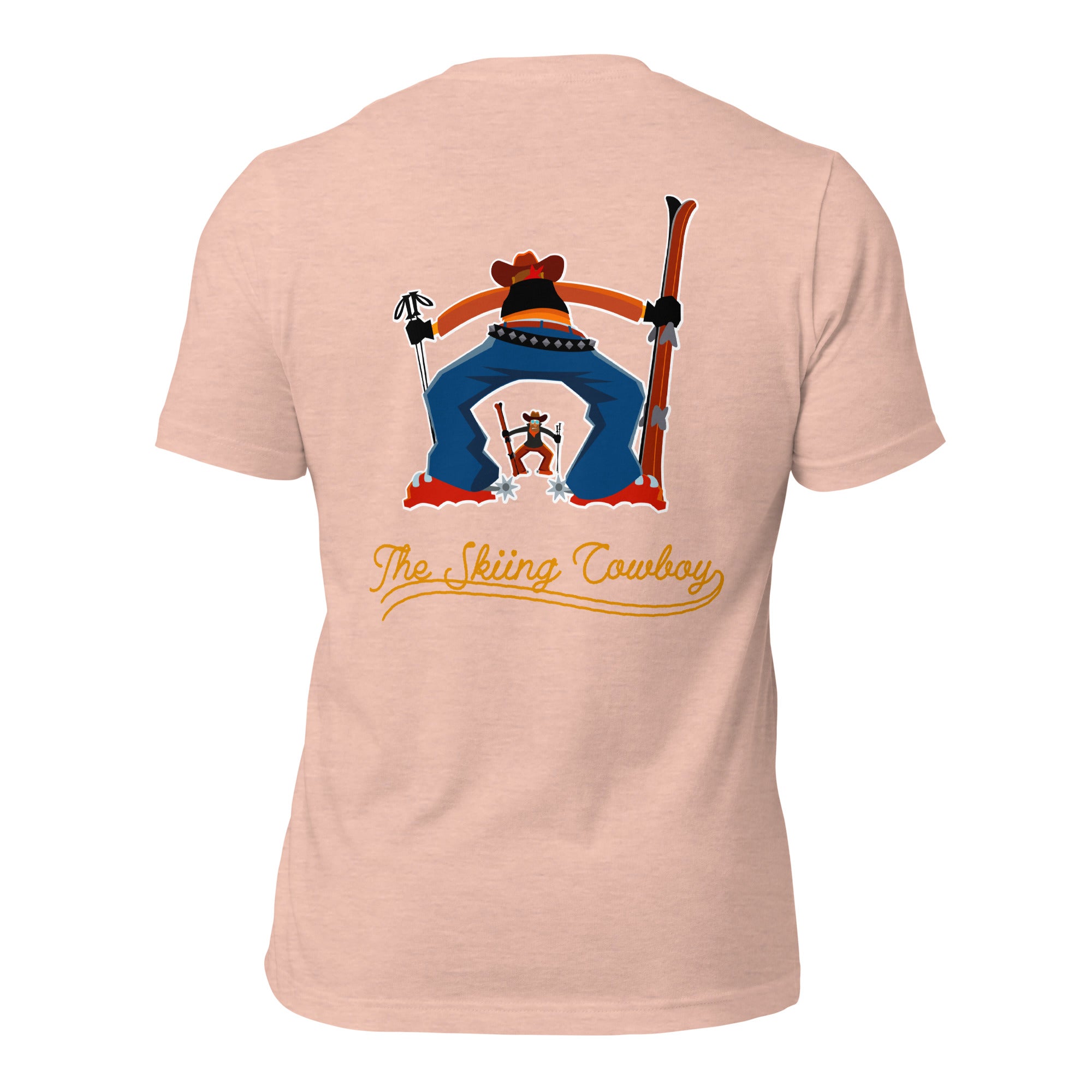 T-shirt en coton unisexe Skiing Cowboy (face) & Ski Fight at OK Corral Outline (dos) sur couleurs chinées claires