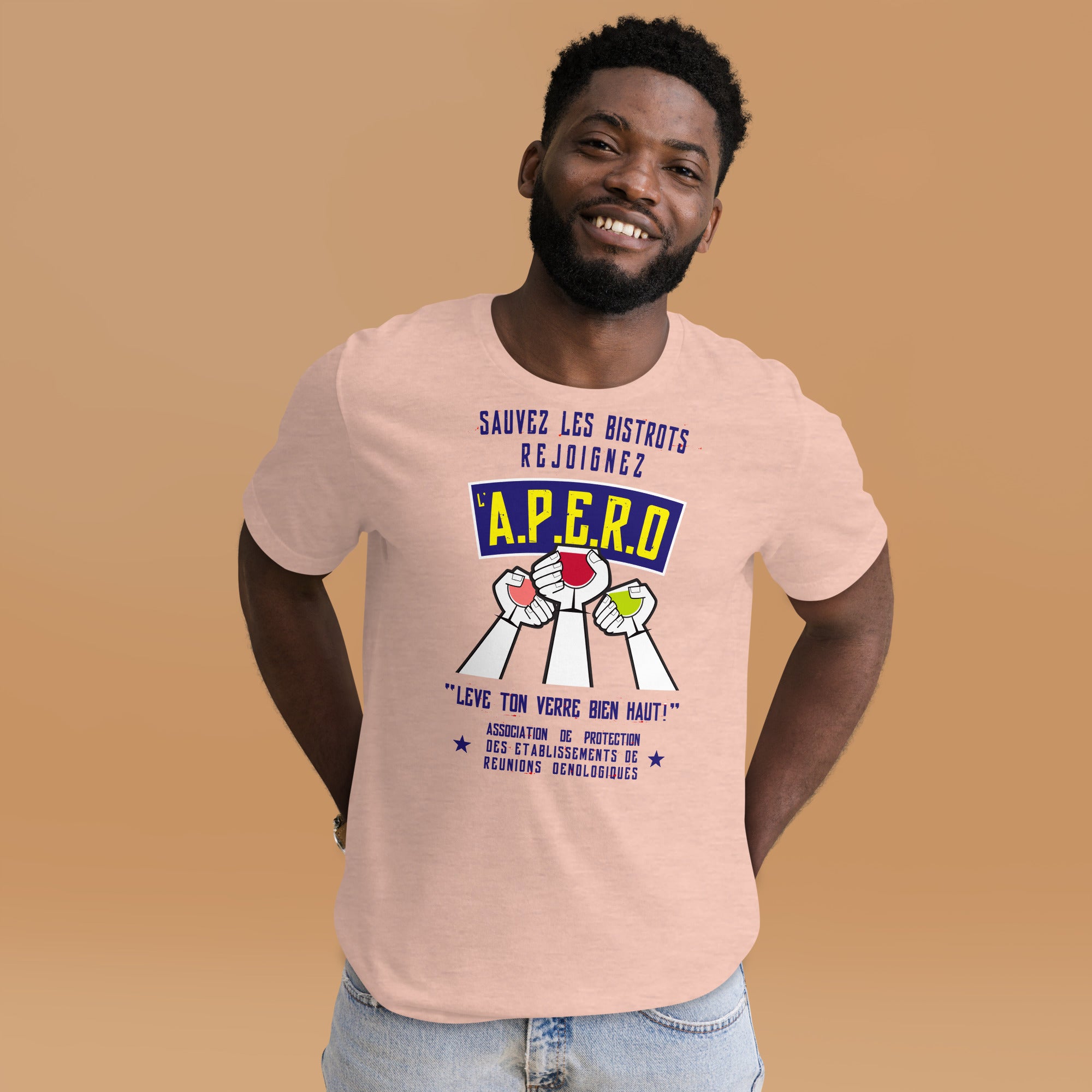 T-shirt en coton unisexe Sauvez les Bistrots, rejoignez l'Apéro sur couleurs chinées claires