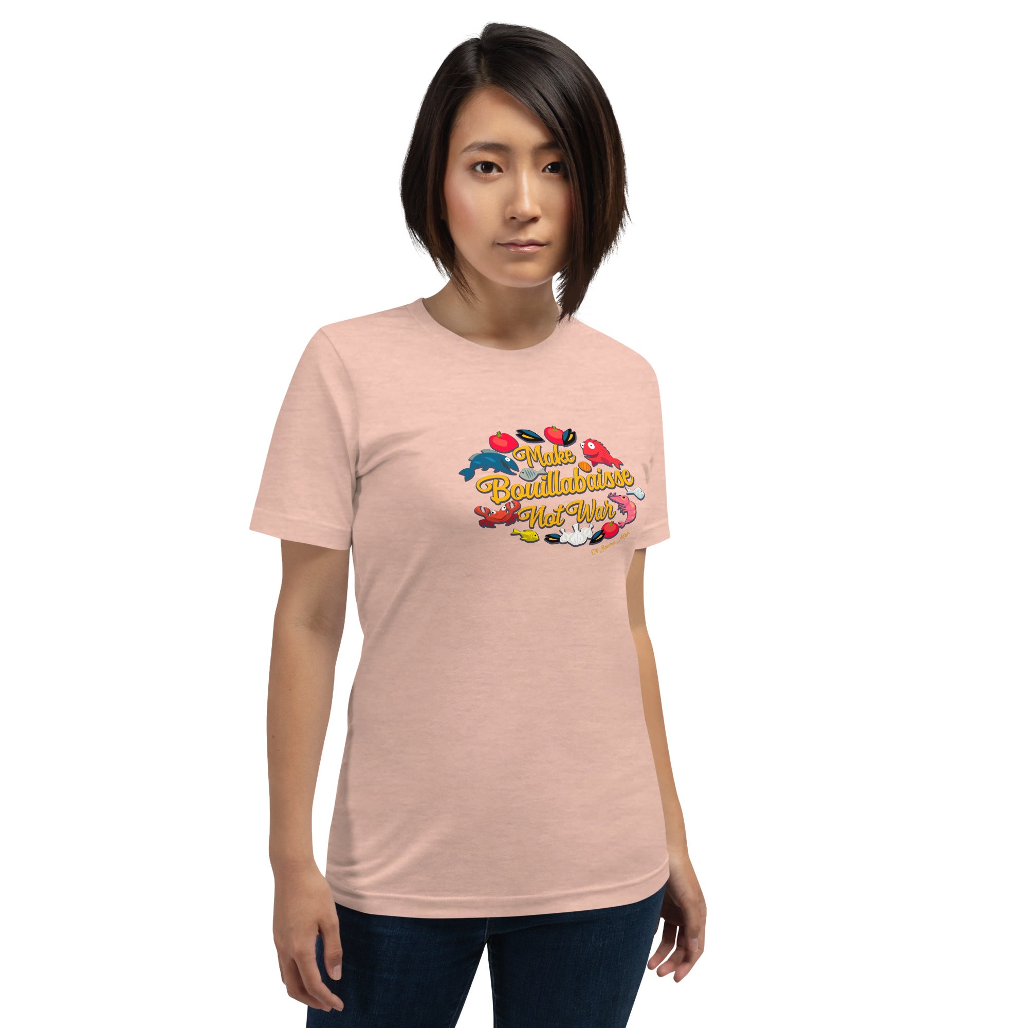 T-shirt en coton unisexe Make Bouillabaisse Not War Oh Bonne Mer sur couleurs chinées claires