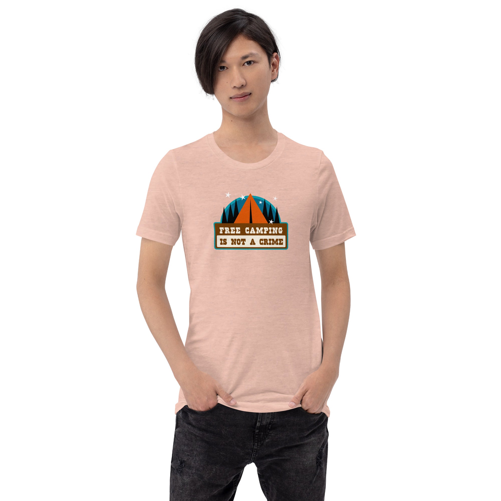 T-shirt en coton unisexe Free camping is not a crime sur couleurs chinées claires