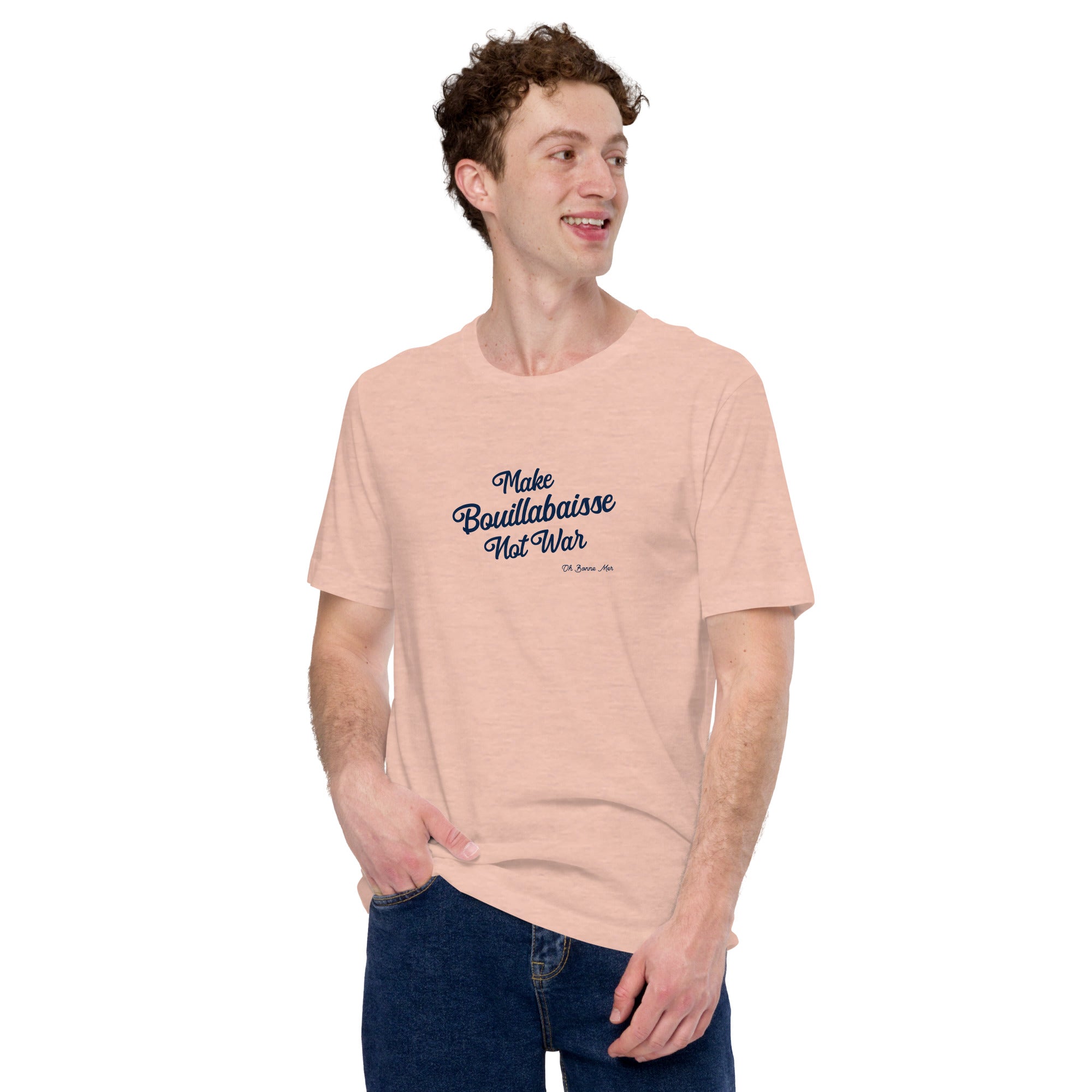 T-shirt en coton unisexe Make Bouillabaisse Not War Text Only sur couleurs chinées claires