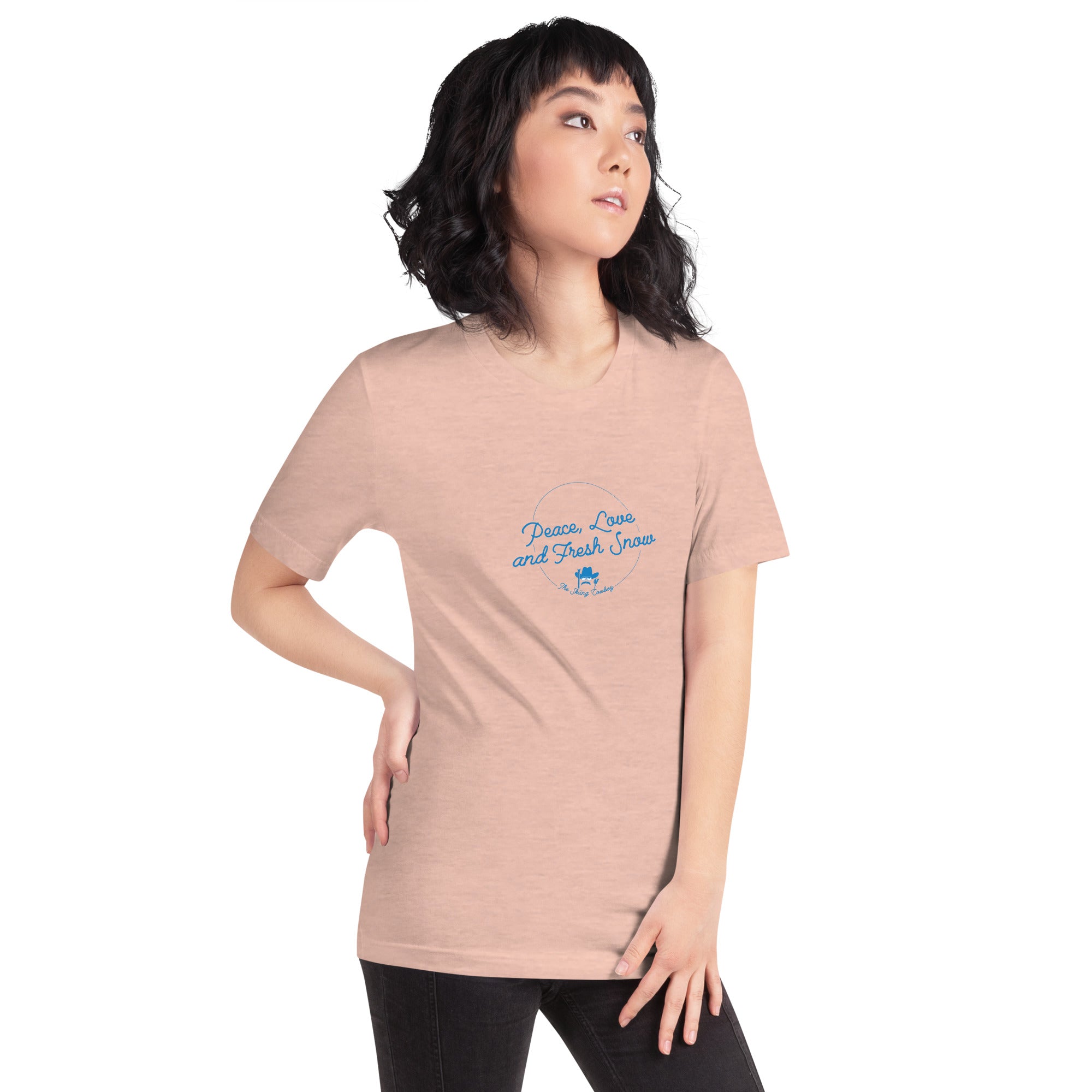 T-shirt en coton unisexe Peace, Love and Fresh Snow sur couleurs chinées claires